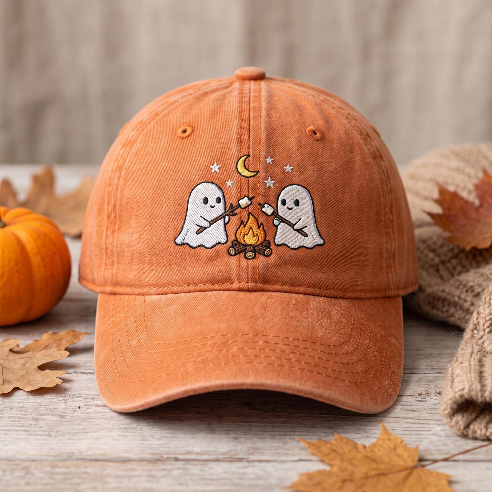 Embroidered Ghost Campfire Hat, Spooky Season Fall Cap, Embroidered Halloween Cap, Cute Ghost Marshmallow Hat, Cozy Autumn Gift For Women 4