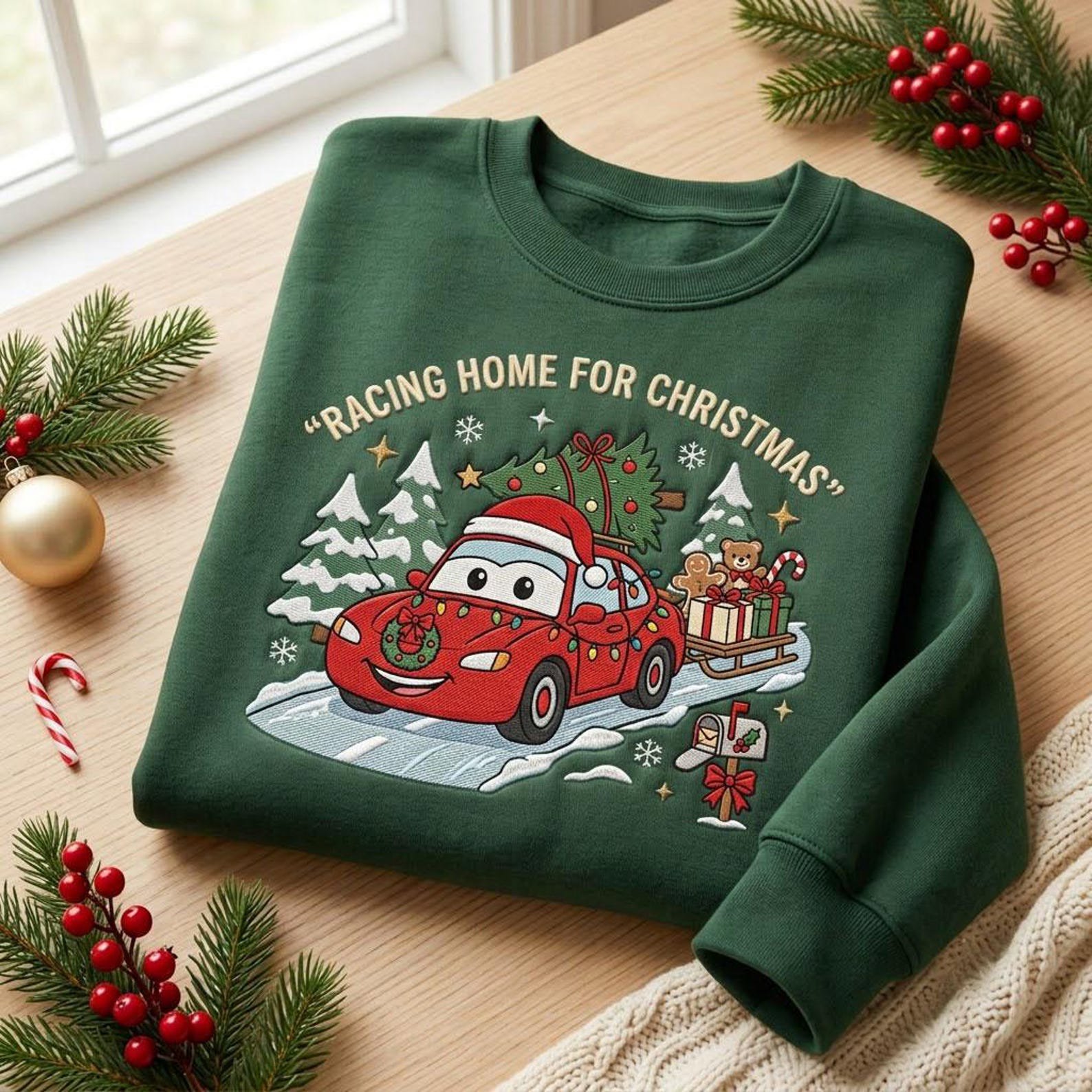 Racing Home for Christmas Embroidered Sweatshirt, Lightning McQueen Christmas Crewneck, Cars Holiday Racing Gift 2