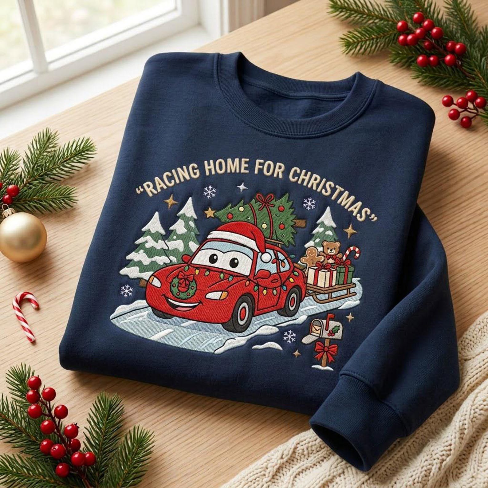 Racing Home for Christmas Embroidered Sweatshirt, Lightning McQueen Christmas Crewneck, Cars Holiday Racing Gift 1