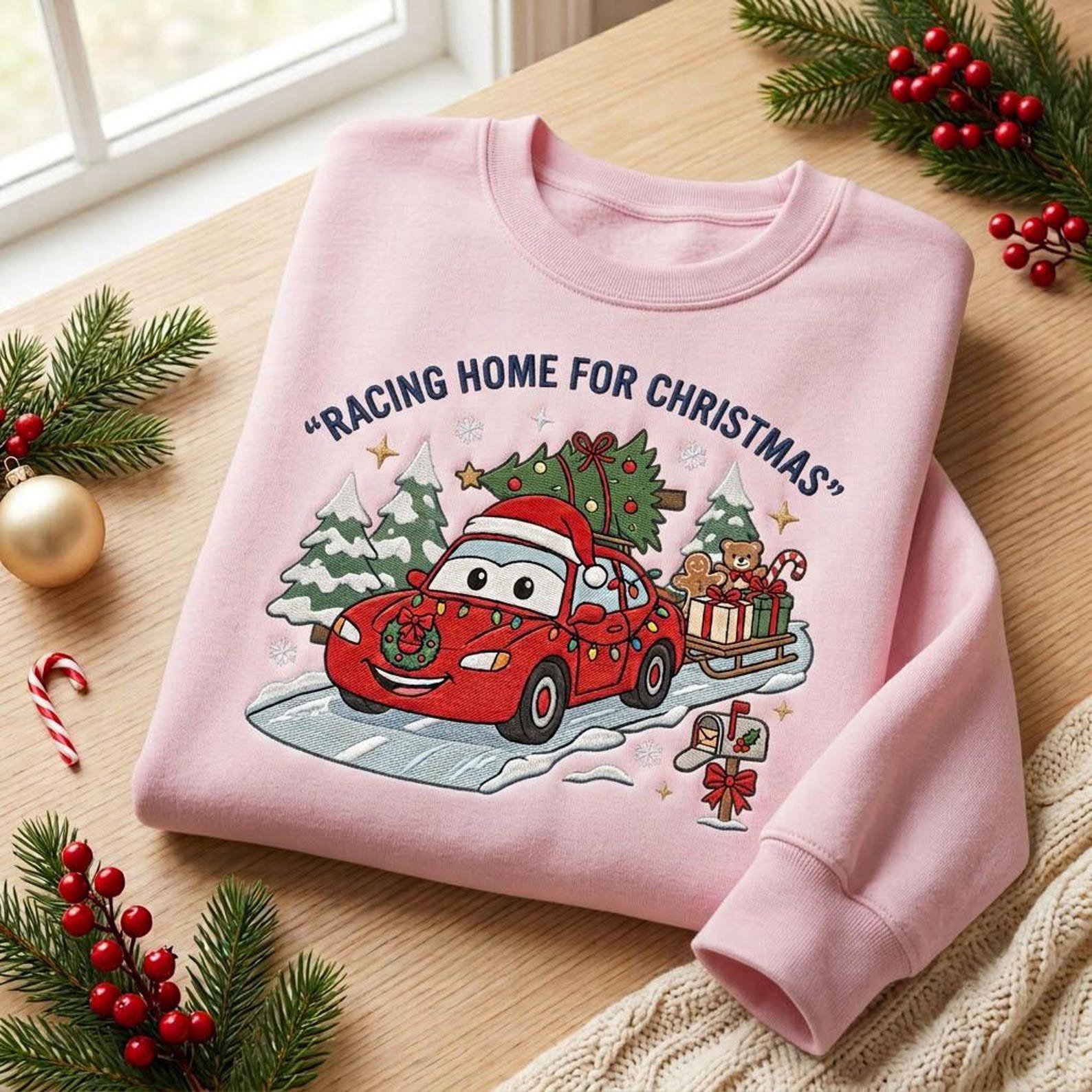 Racing Home for Christmas Embroidered Sweatshirt, Lightning McQueen Christmas Crewneck, Cars Holiday Racing Gift 3