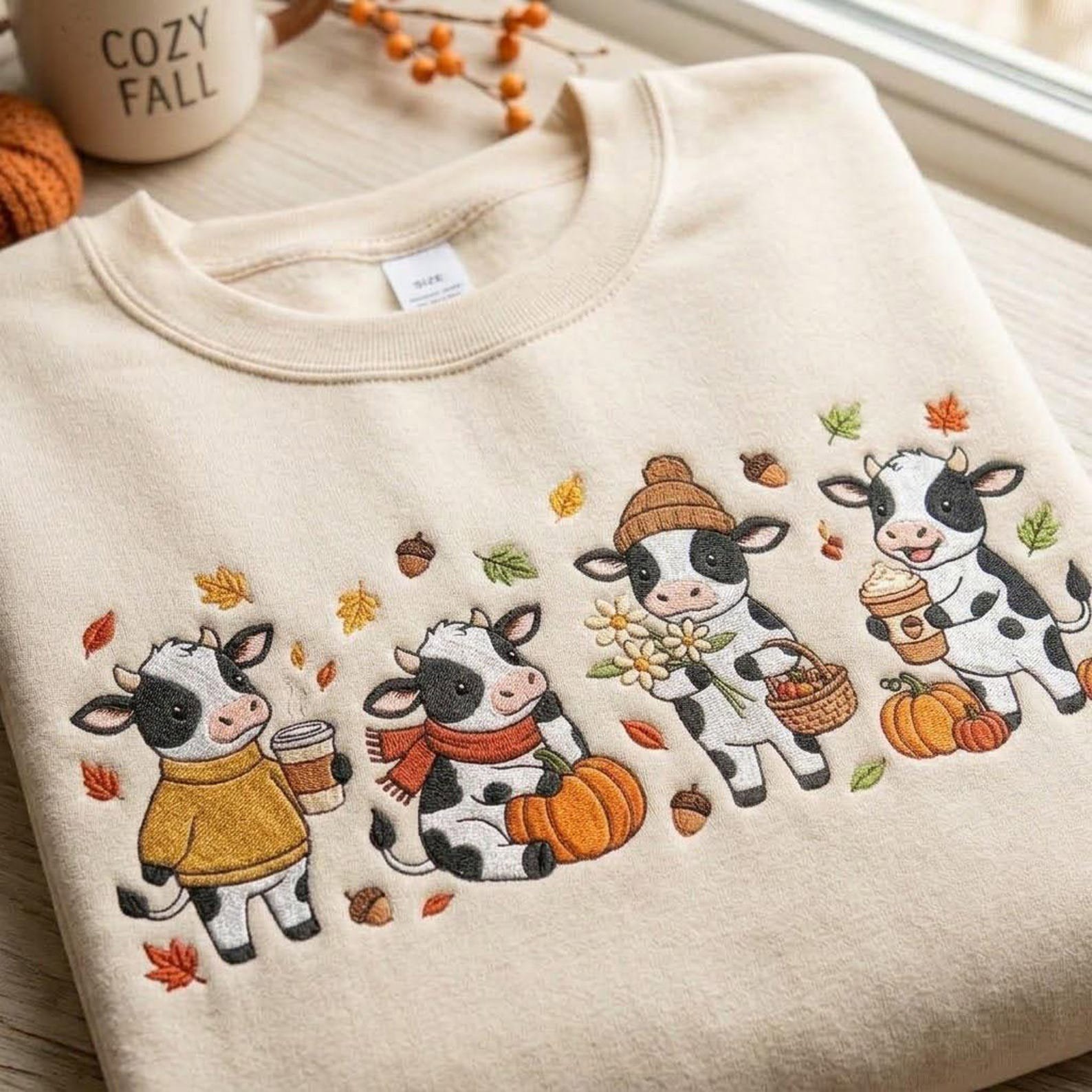 Cute Cow Fall Embroidered Sweatshirt, Autumn Highland Cow Crewneck, Pumpkin Coffee Cozy Farm Animal Sweater, Cow Lover Gift 2