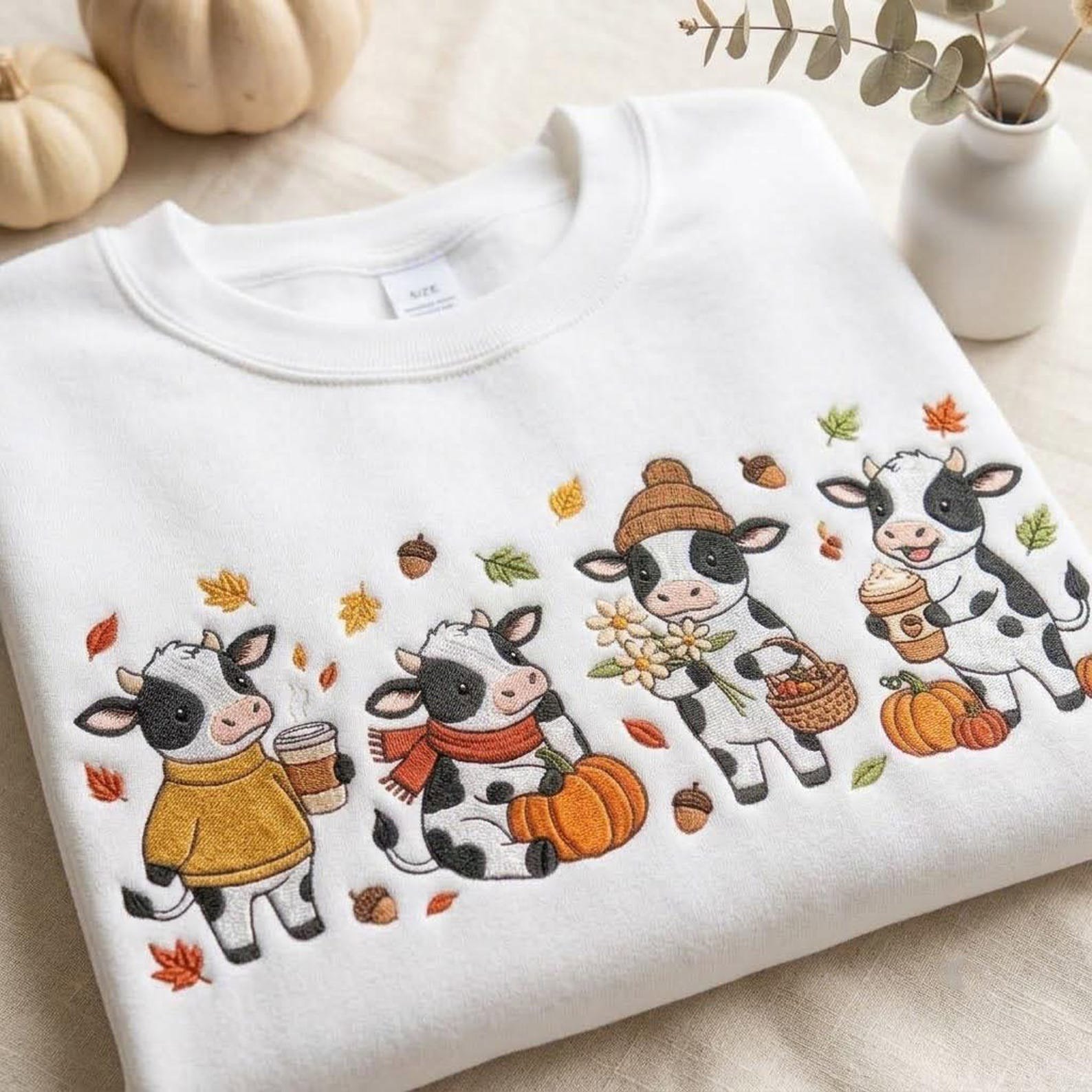 Cute Cow Fall Embroidered Sweatshirt, Autumn Highland Cow Crewneck, Pumpkin Coffee Cozy Farm Animal Sweater, Cow Lover Gift 3