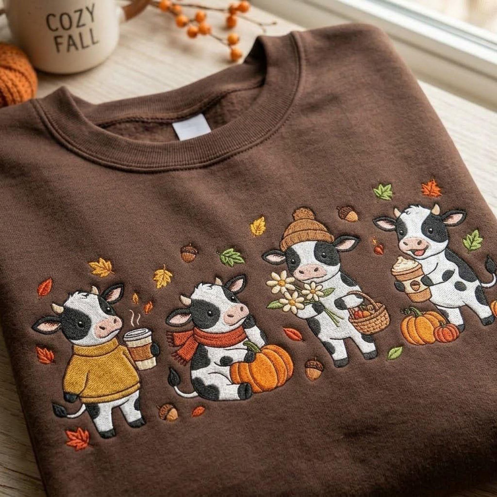 Cute Cow Fall Embroidered Sweatshirt, Autumn Highland Cow Crewneck, Pumpkin Coffee Cozy Farm Animal Sweater, Cow Lover Gift 1