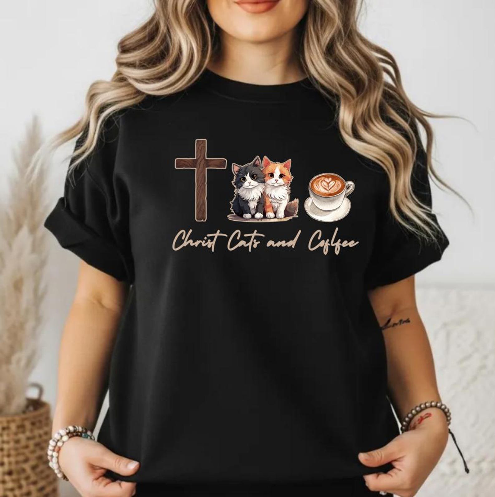 Christ Cats and Coffee Shirt, Pet Lover Tee, Cute Religious T-Shirt for Women, Cozy Gift for Faithful Cat Mom on Valentines Day or Birthday 2