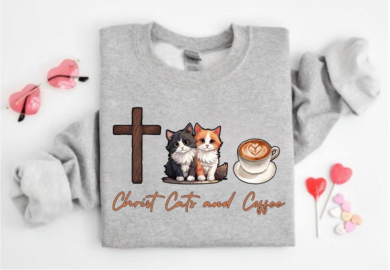 Christ Cats and Coffee Shirt, Pet Lover Tee, Cute Religious T-Shirt for Women, Cozy Gift for Faithful Cat Mom on Valentines Day or Birthday 5