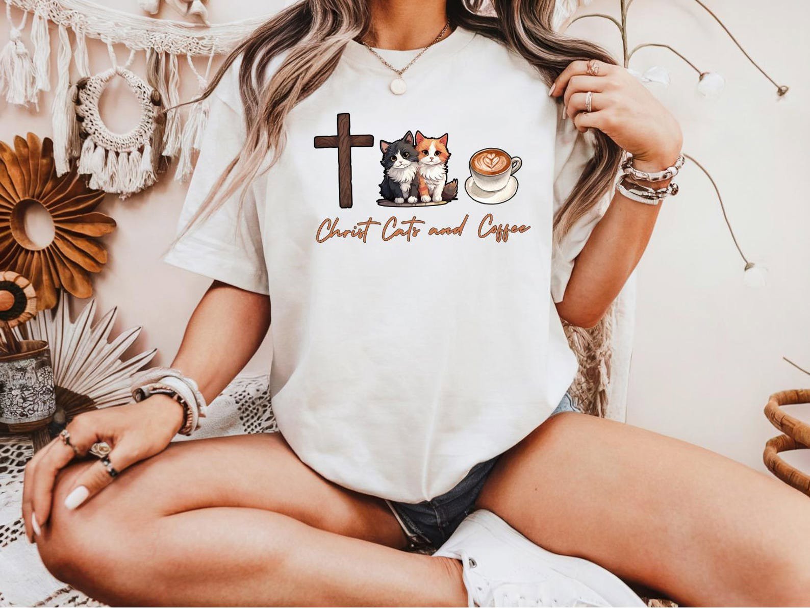 Christ Cats and Coffee Shirt, Pet Lover Tee, Cute Religious T-Shirt for Women, Cozy Gift for Faithful Cat Mom on Valentines Day or Birthday 4