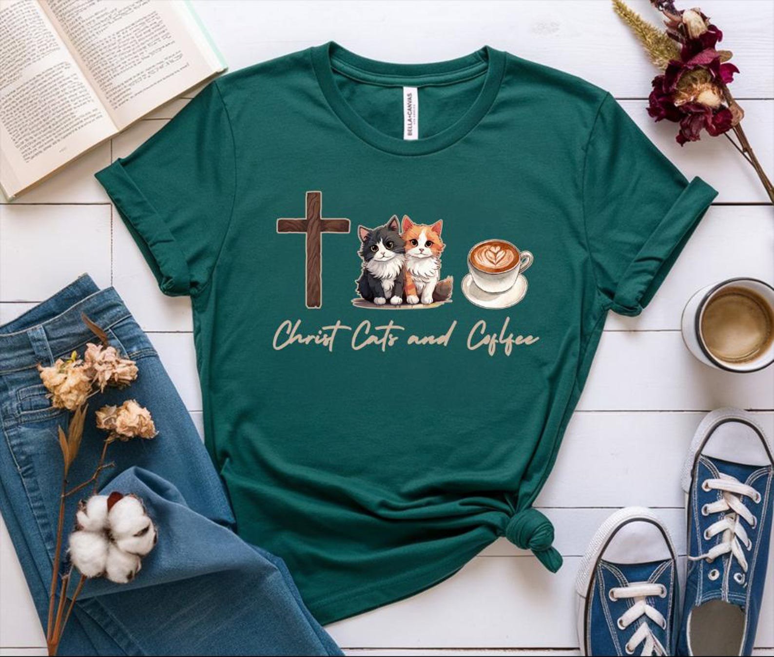 Christ Cats and Coffee Shirt, Pet Lover Tee, Cute Religious T-Shirt for Women, Cozy Gift for Faithful Cat Mom on Valentines Day or Birthday 7