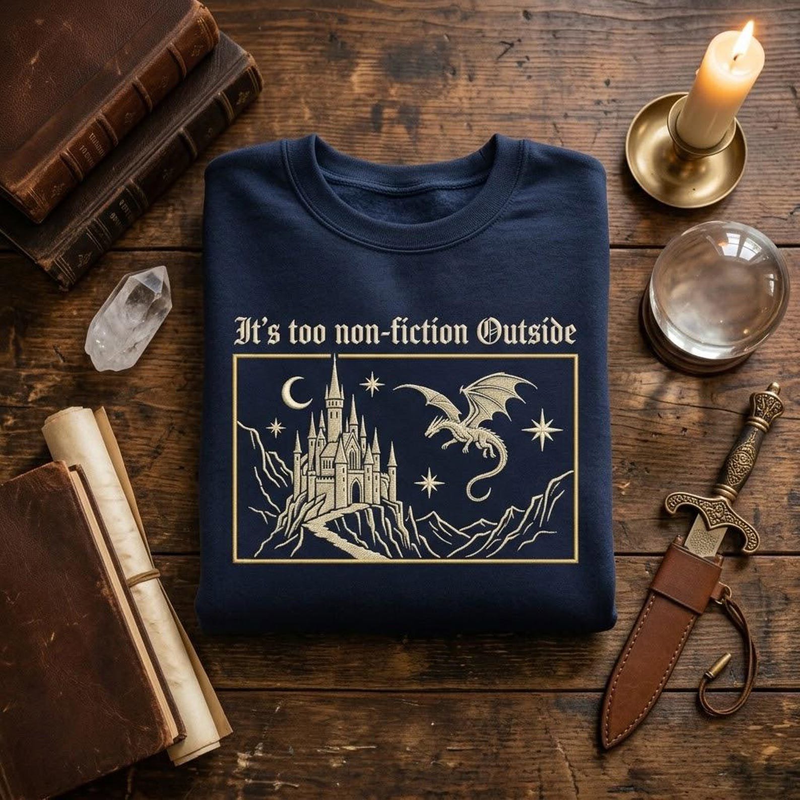 Too Non Fiction Outside Embroidered Crewneck, Fantasy Dragon Castle Sweatshirt, Bookish Reader Gift for Book Lovers 3