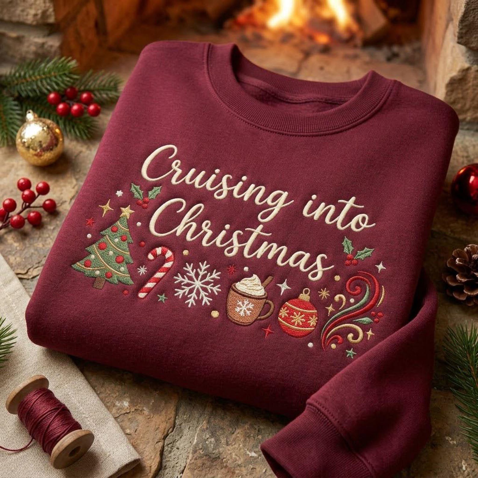Cruising Into Christmas Embroidered Sweatshirt, Christmas Cruise Crewneck, Holiday Vacation Sweater, Cruise Lover Gift 1