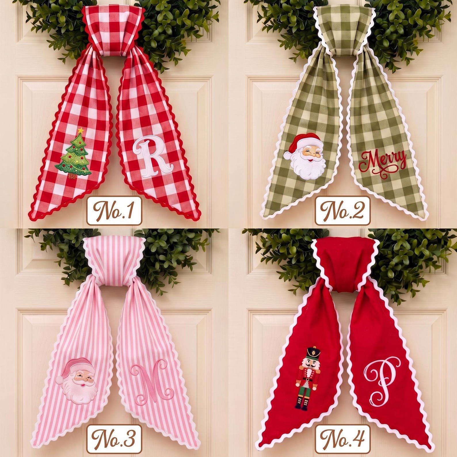 Custom Embroidered Christmas Wreath Sash, Monogram Wreath Bow, Personalized Front Door Decor, Holiday Plaid Ribbon, Santa Nutcracker 2