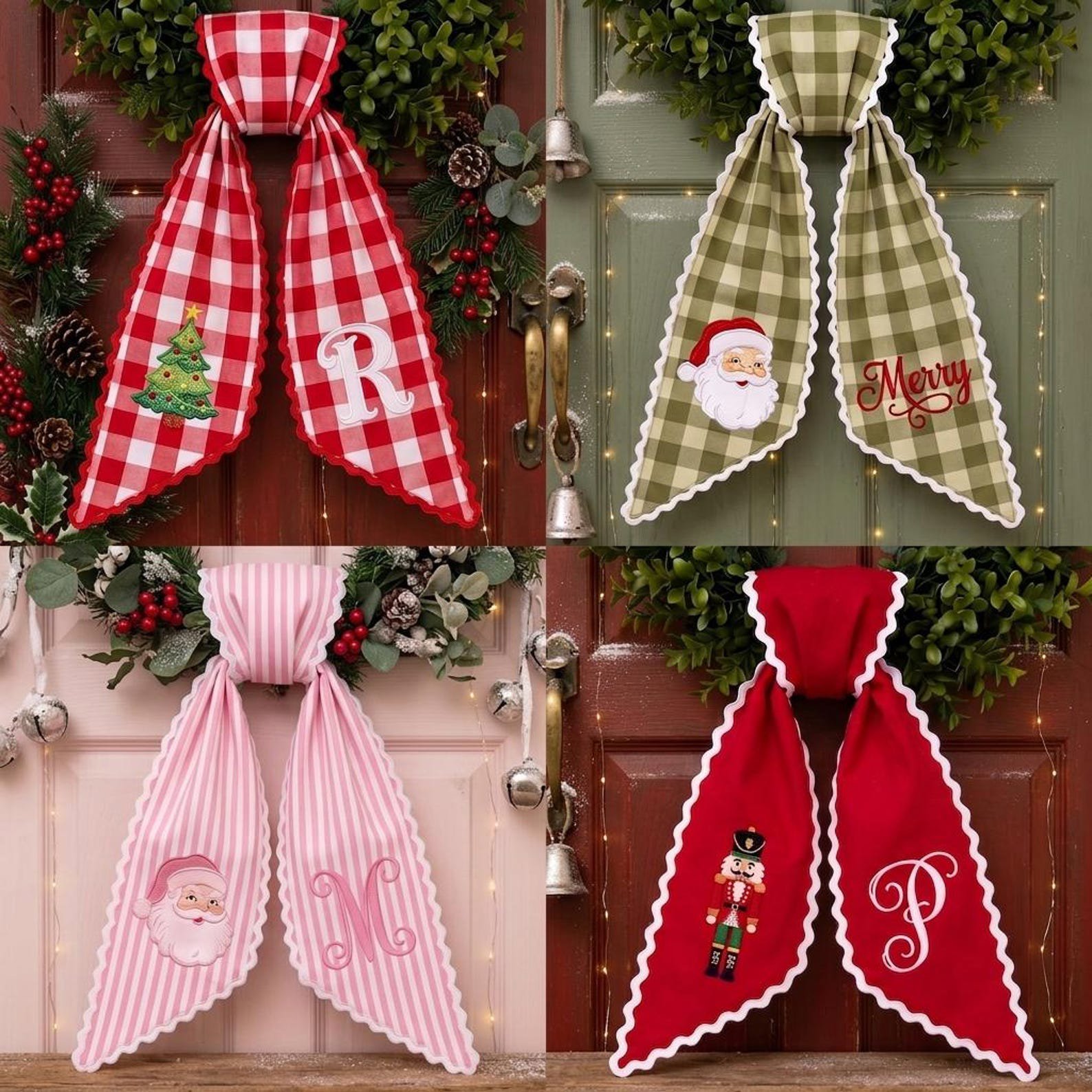 Custom Embroidered Christmas Wreath Sash, Monogram Wreath Bow, Personalized Front Door Decor, Holiday Plaid Ribbon, Santa Nutcracker 1