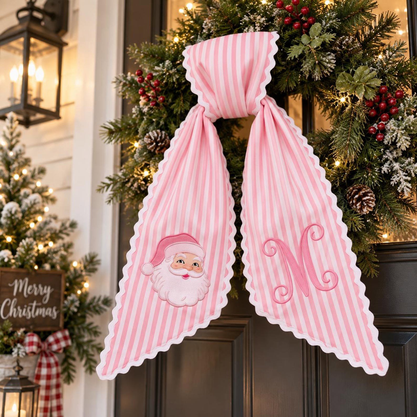 Custom Embroidered Christmas Wreath Sash, Monogram Wreath Bow, Personalized Front Door Decor, Holiday Plaid Ribbon, Santa Nutcracker 3