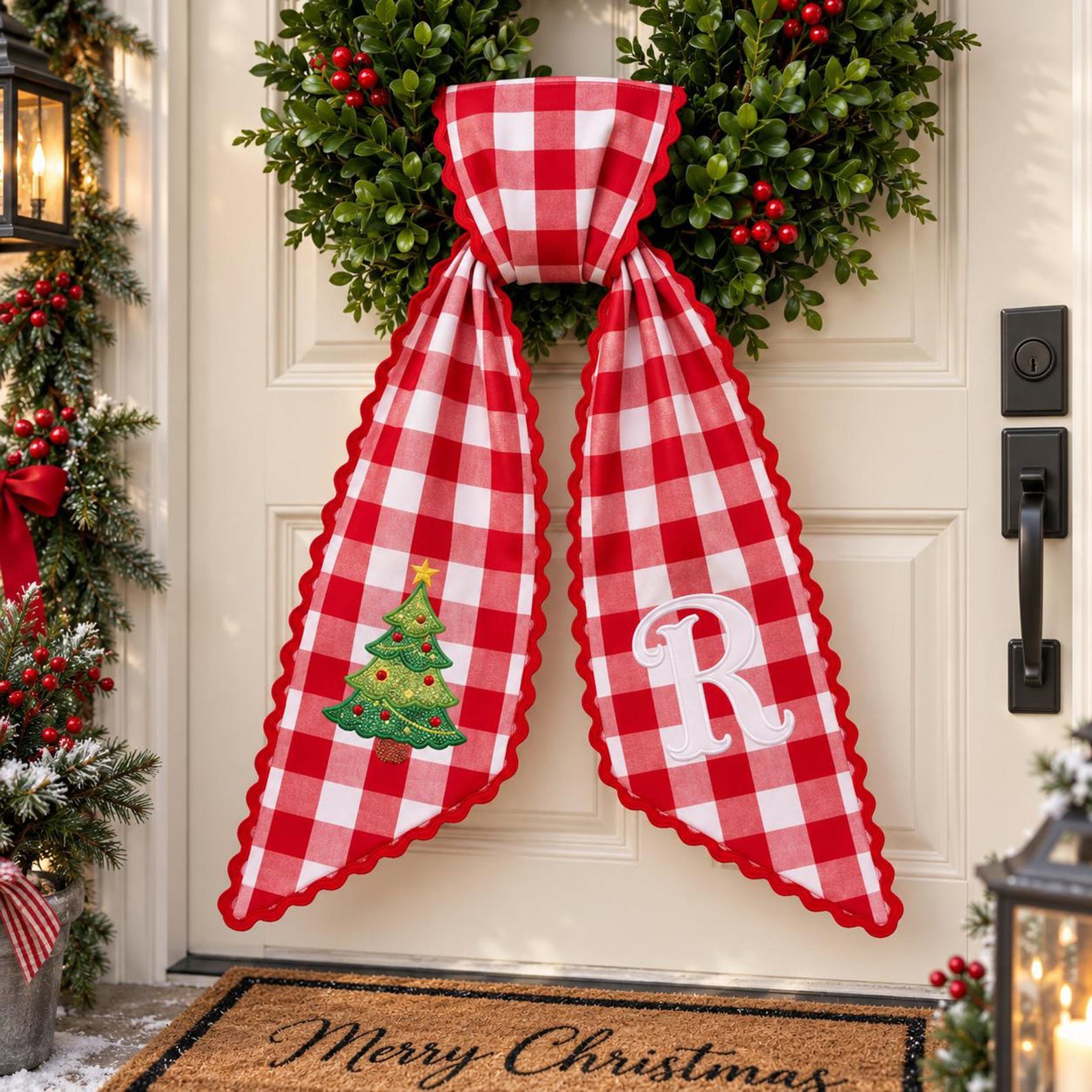 Custom Embroidered Christmas Wreath Sash, Monogram Wreath Bow, Personalized Front Door Decor, Holiday Plaid Ribbon, Santa Nutcracker 4