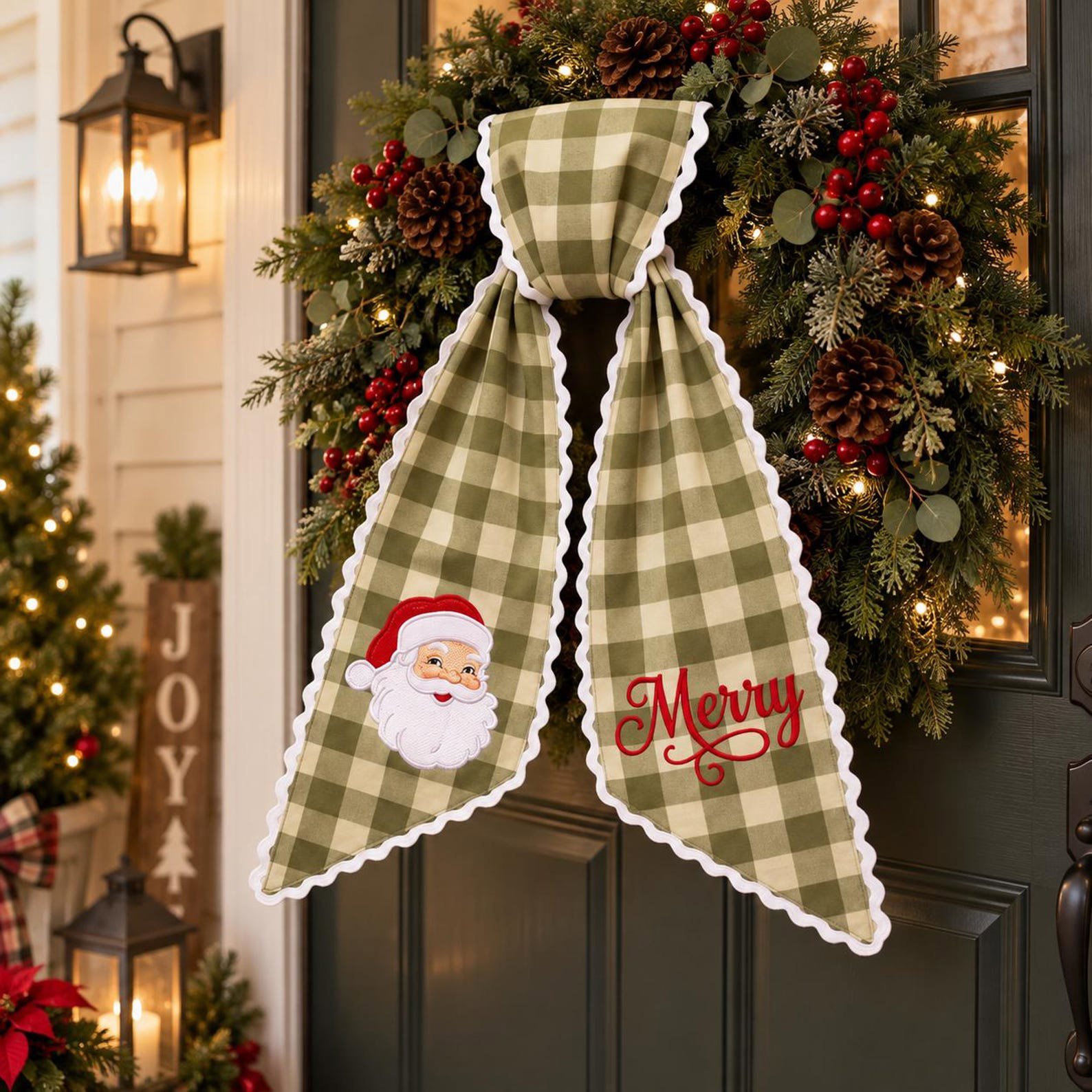 Custom Embroidered Christmas Wreath Sash, Monogram Wreath Bow, Personalized Front Door Decor, Holiday Plaid Ribbon, Santa Nutcracker 6