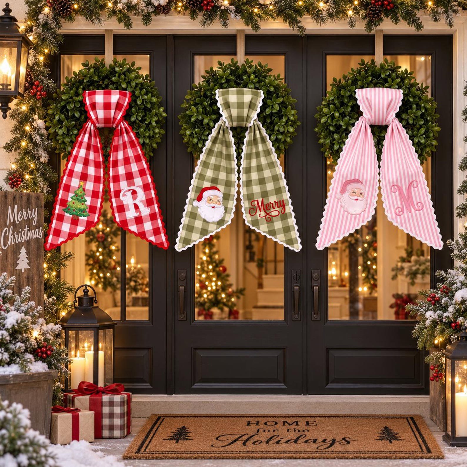 Custom Embroidered Christmas Wreath Sash, Monogram Wreath Bow, Personalized Front Door Decor, Holiday Plaid Ribbon, Santa Nutcracker 7