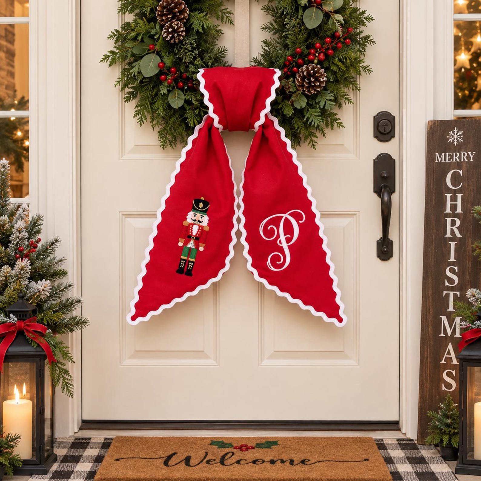 Custom Embroidered Christmas Wreath Sash, Monogram Wreath Bow, Personalized Front Door Decor, Holiday Plaid Ribbon, Santa Nutcracker 8