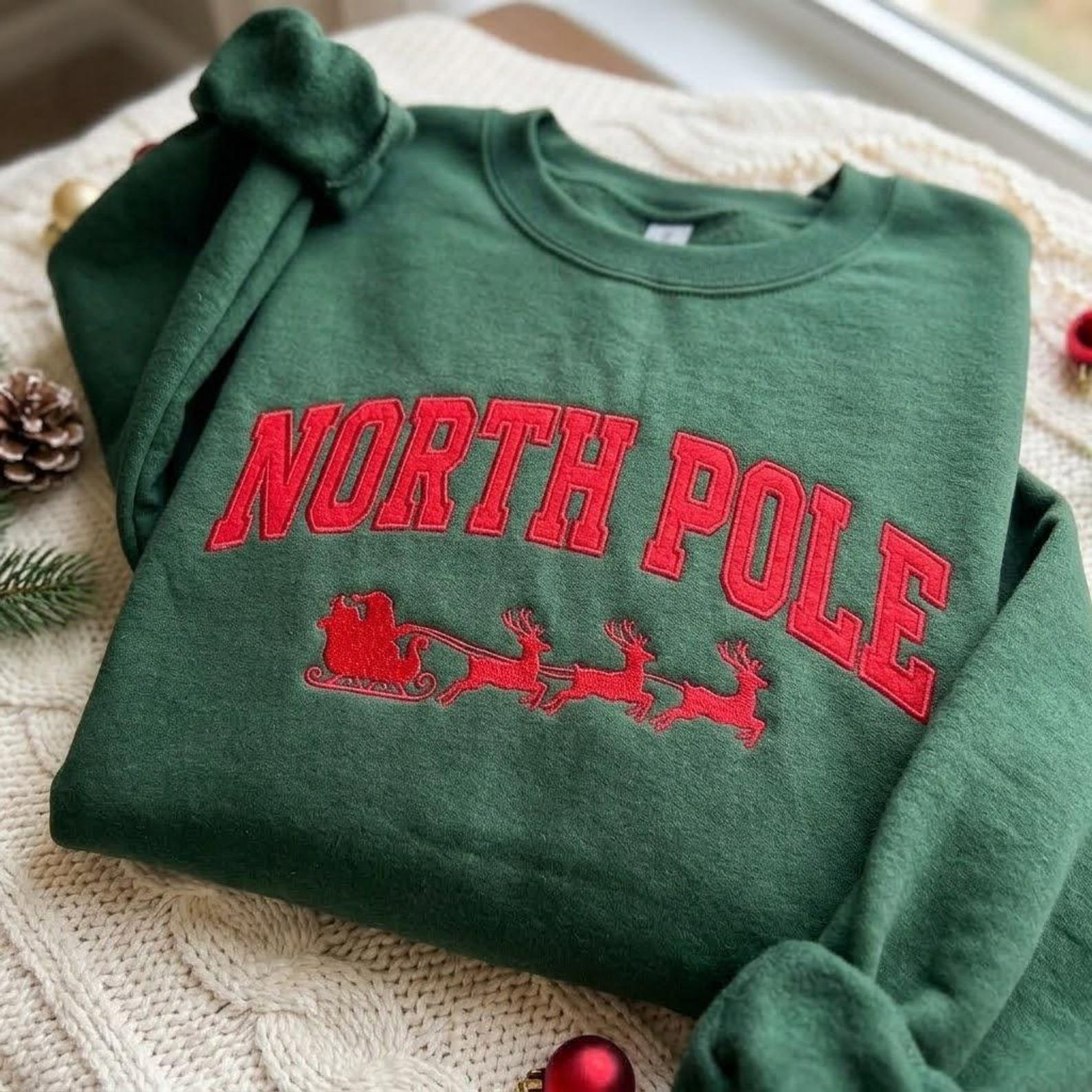 North Pole Christmas Embroidered Sweatshirt, Santa Sleigh Reindeer Crewneck, Collegiate Holiday Sweater, Festive Winter Pullover 2