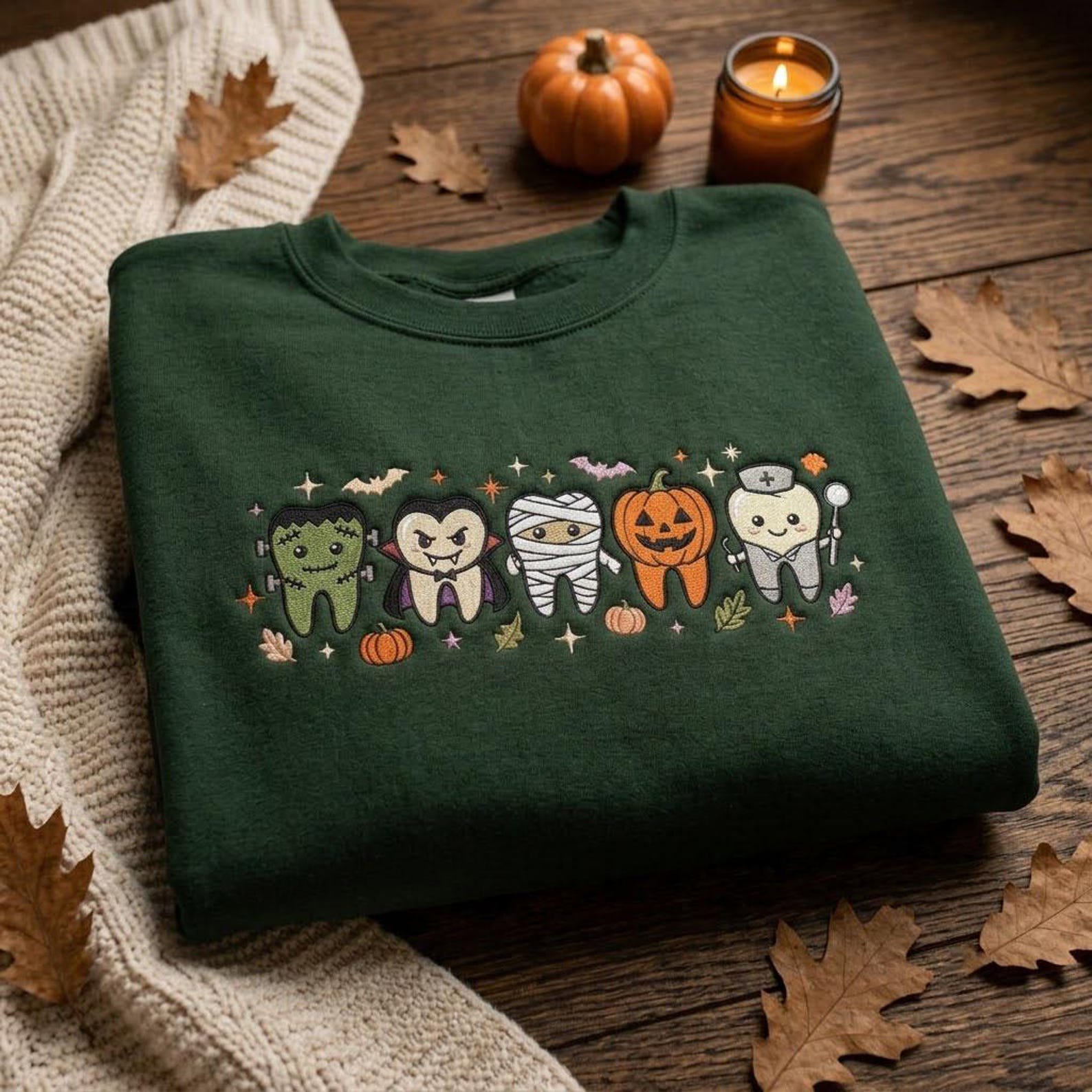 Cute Embroidered Tooth Sweatshirt, Halloween Dental Crewneck, Dentist Office Shirt, Dental Hygienist Gift, Spooky Medical Apparel 3