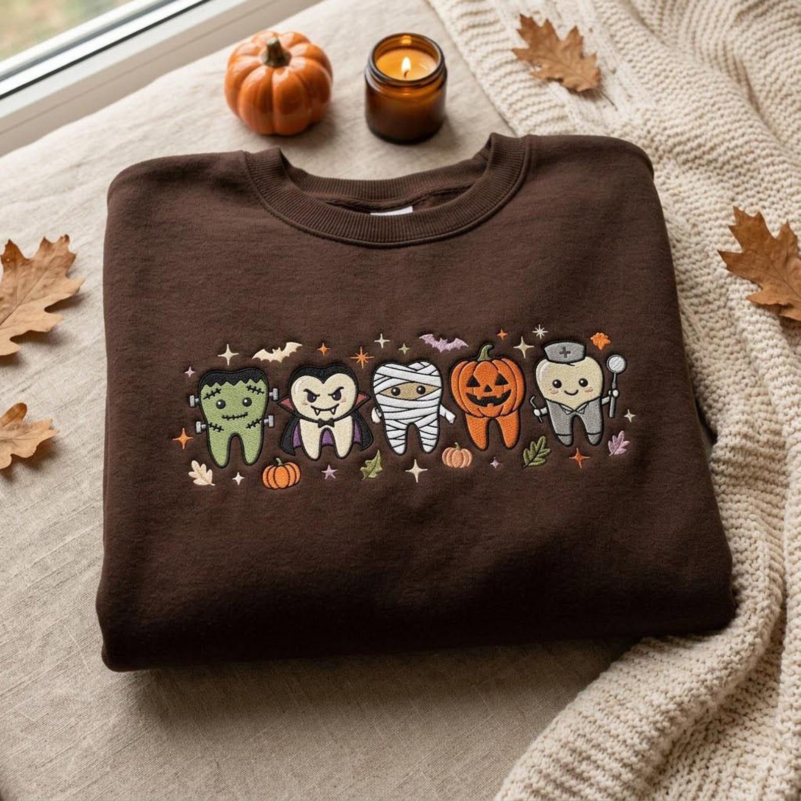 Cute Embroidered Tooth Sweatshirt, Halloween Dental Crewneck, Dentist Office Shirt, Dental Hygienist Gift, Spooky Medical Apparel 5