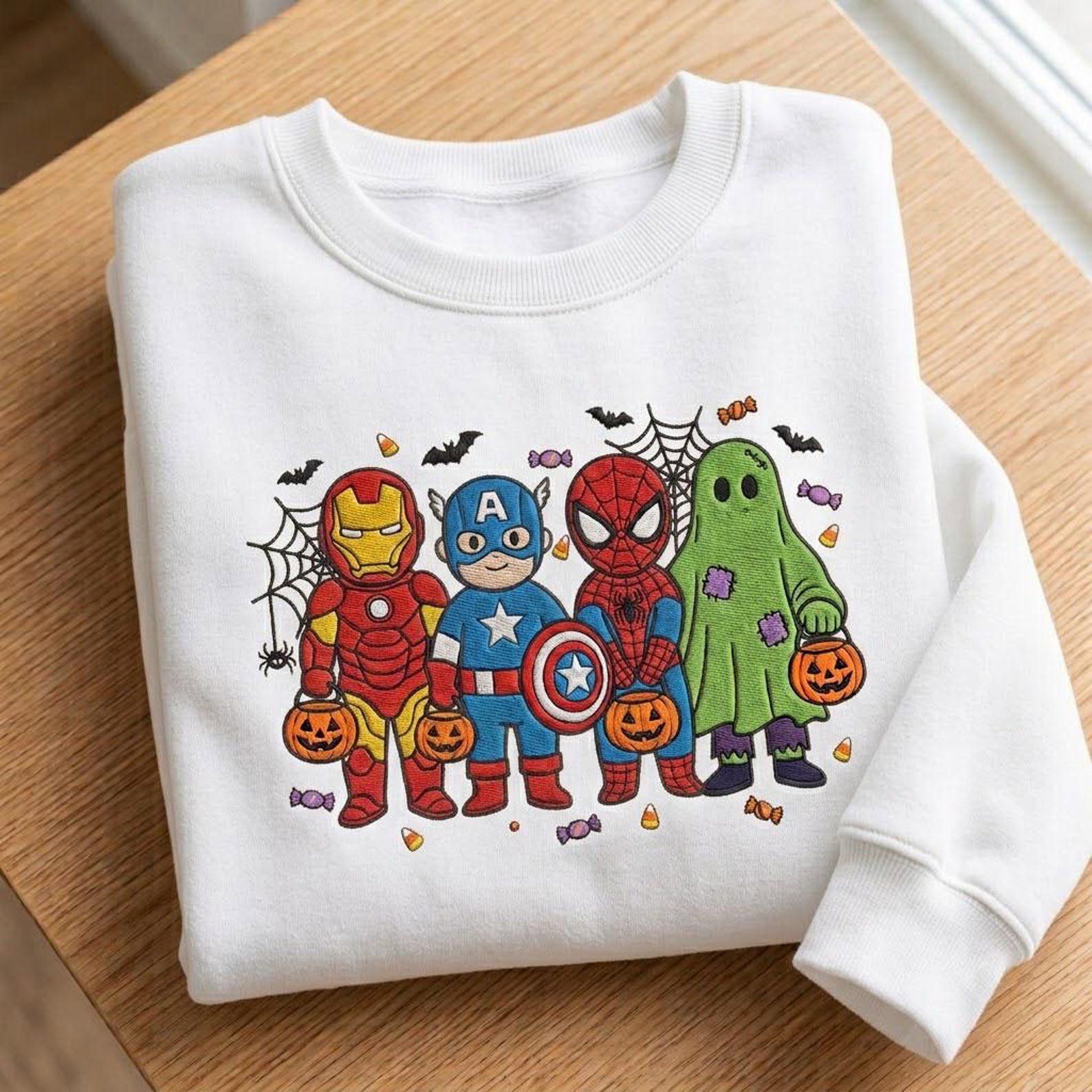Superhero Halloween Embroidered Sweatshirt, Avengers Trick or Treat Crewneck, Iron Man Captain America Spider Hero Fall Gift 2