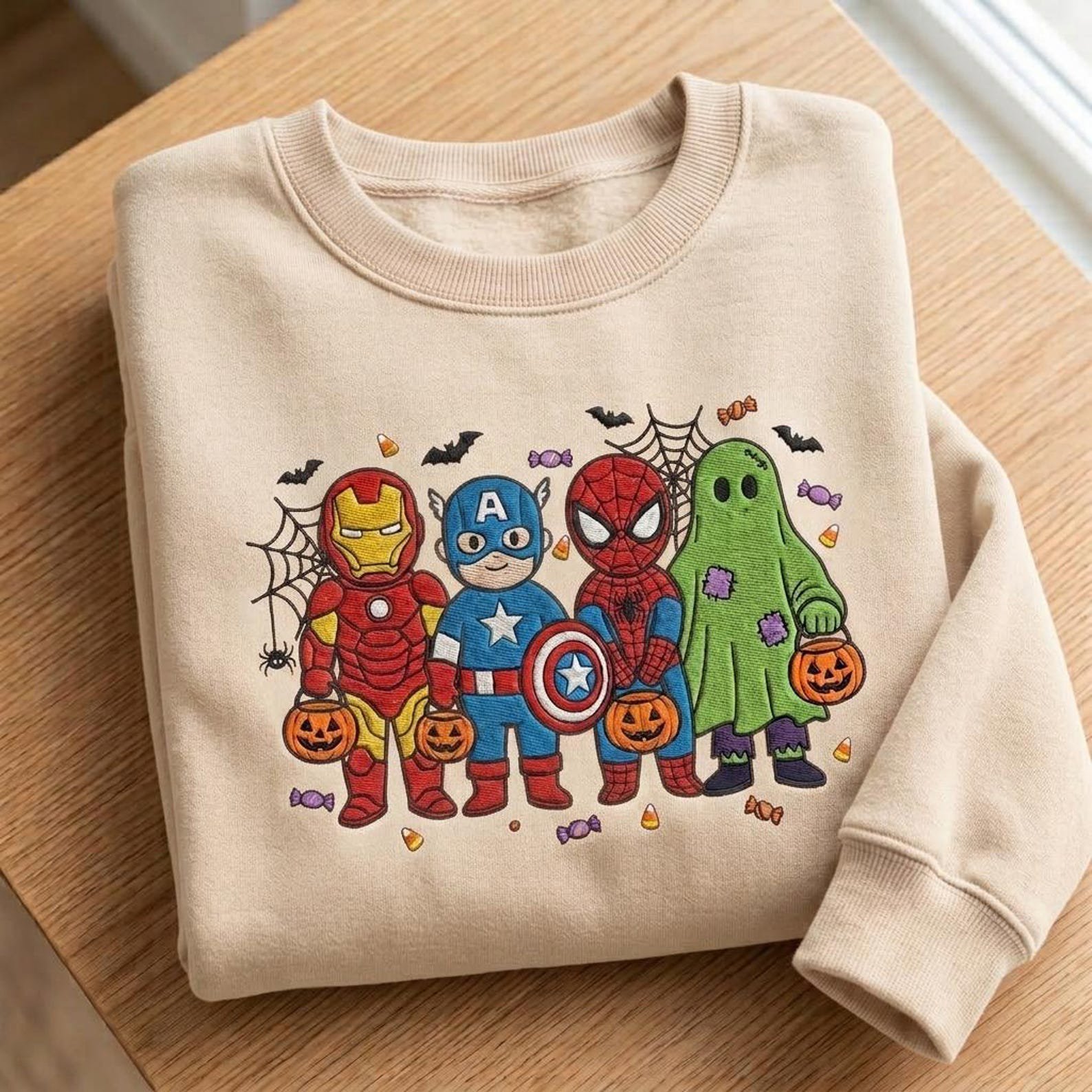 Superhero Halloween Embroidered Sweatshirt, Avengers Trick or Treat Crewneck, Iron Man Captain America Spider Hero Fall Gift 1