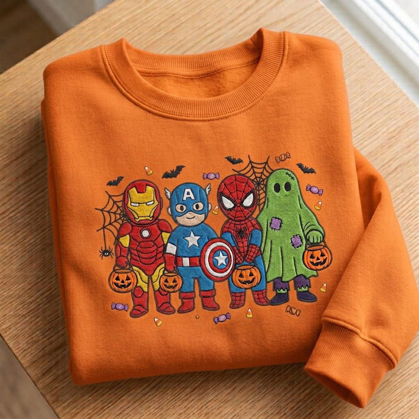 Superhero Halloween Embroidered Sweatshirt, Avengers Trick or Treat Crewneck, Iron Man Captain America Spider Hero Fall Gift 3