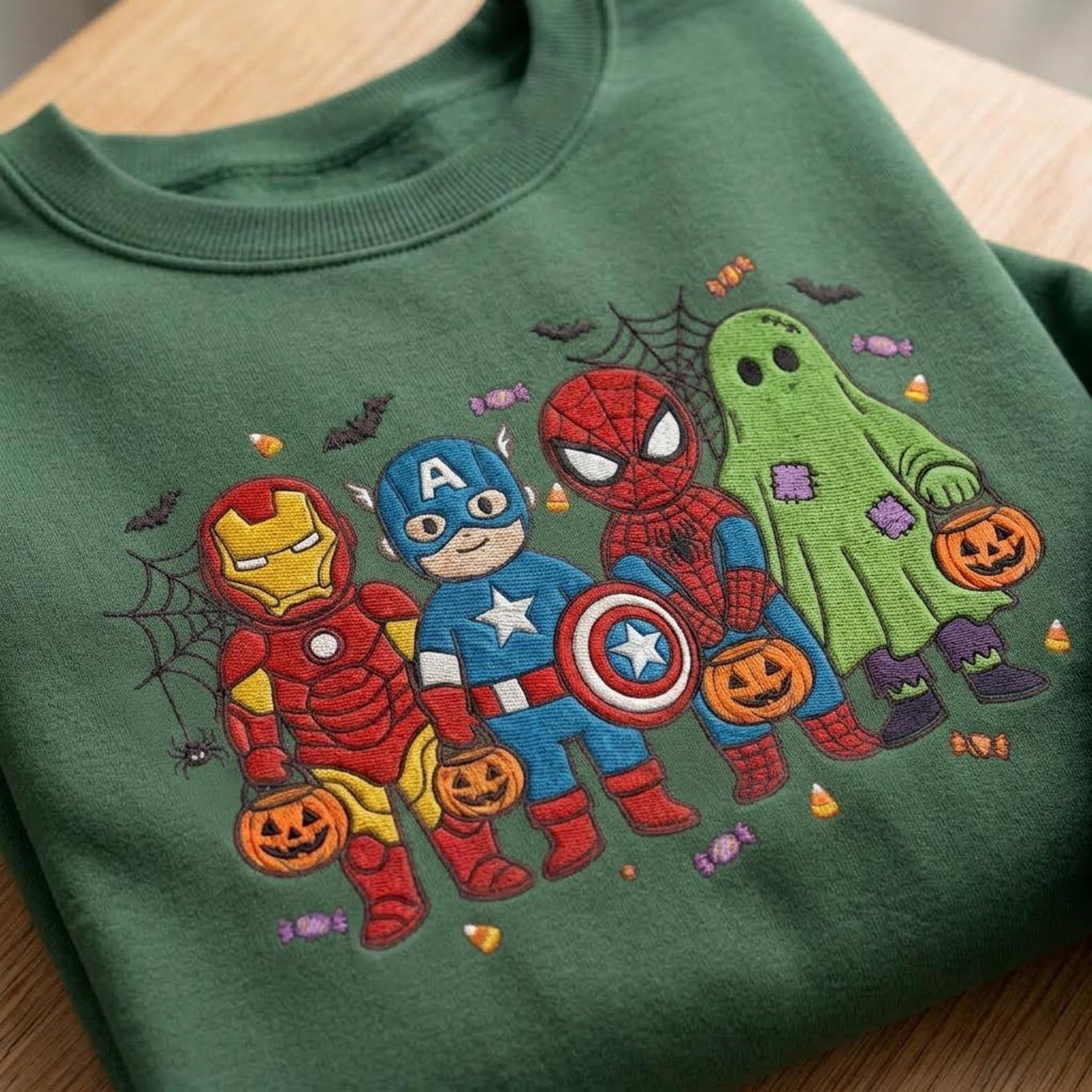 Superhero Halloween Embroidered Sweatshirt, Avengers Trick or Treat Crewneck, Iron Man Captain America Spider Hero Fall Gift 4