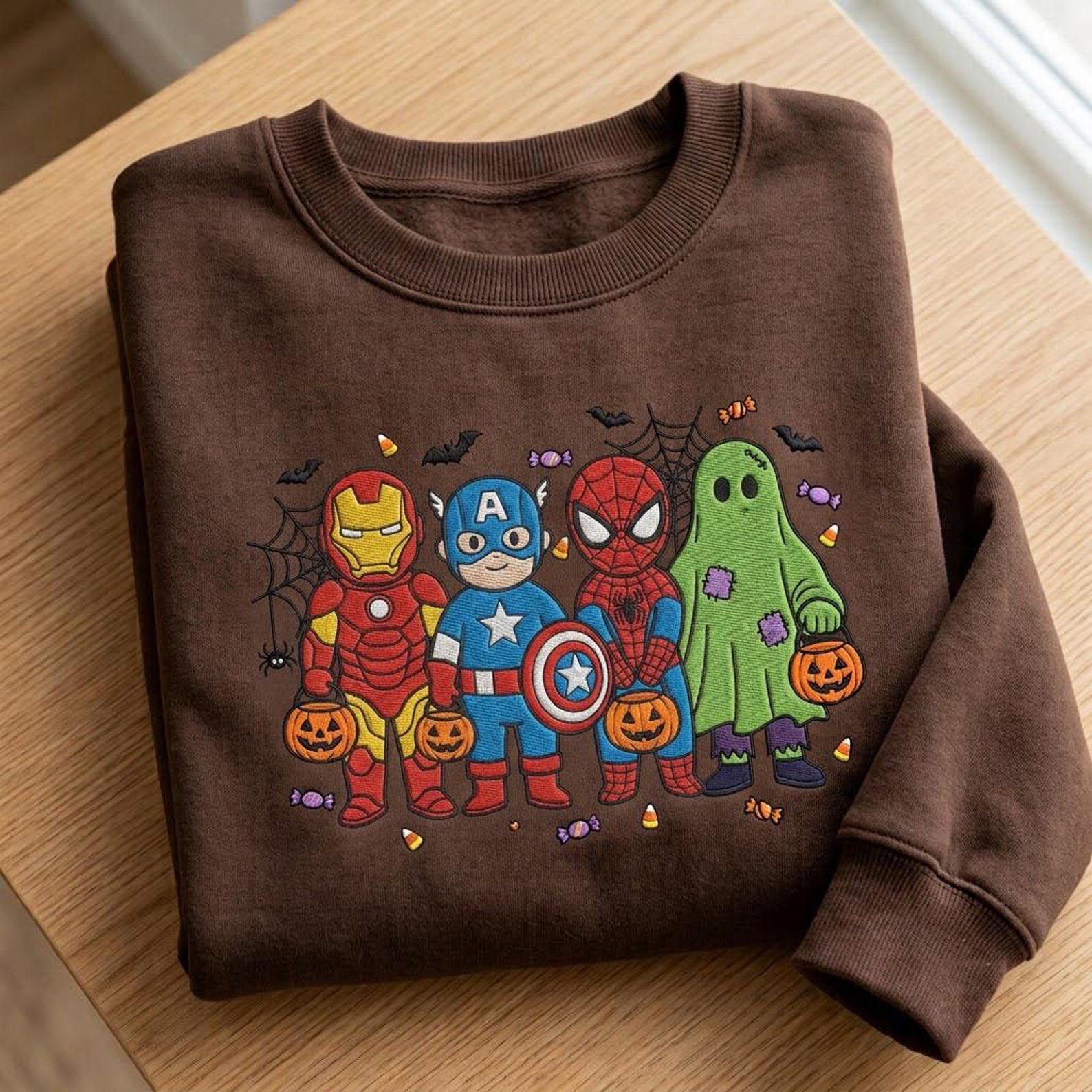 Superhero Halloween Embroidered Sweatshirt, Avengers Trick or Treat Crewneck, Iron Man Captain America Spider Hero Fall Gift 5