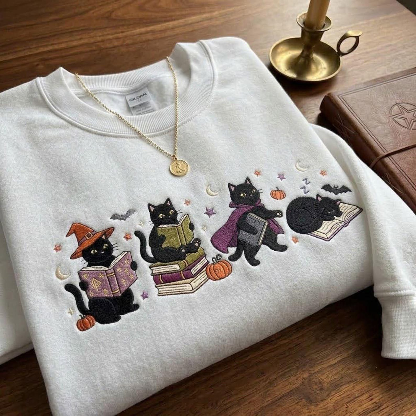 Bookish Black Cat Embroidered Sweatshirt, Halloween Reading Cats Crewneck, Spooky Books Pumpkin Shirt, Cozy Book Lover Gift 3
