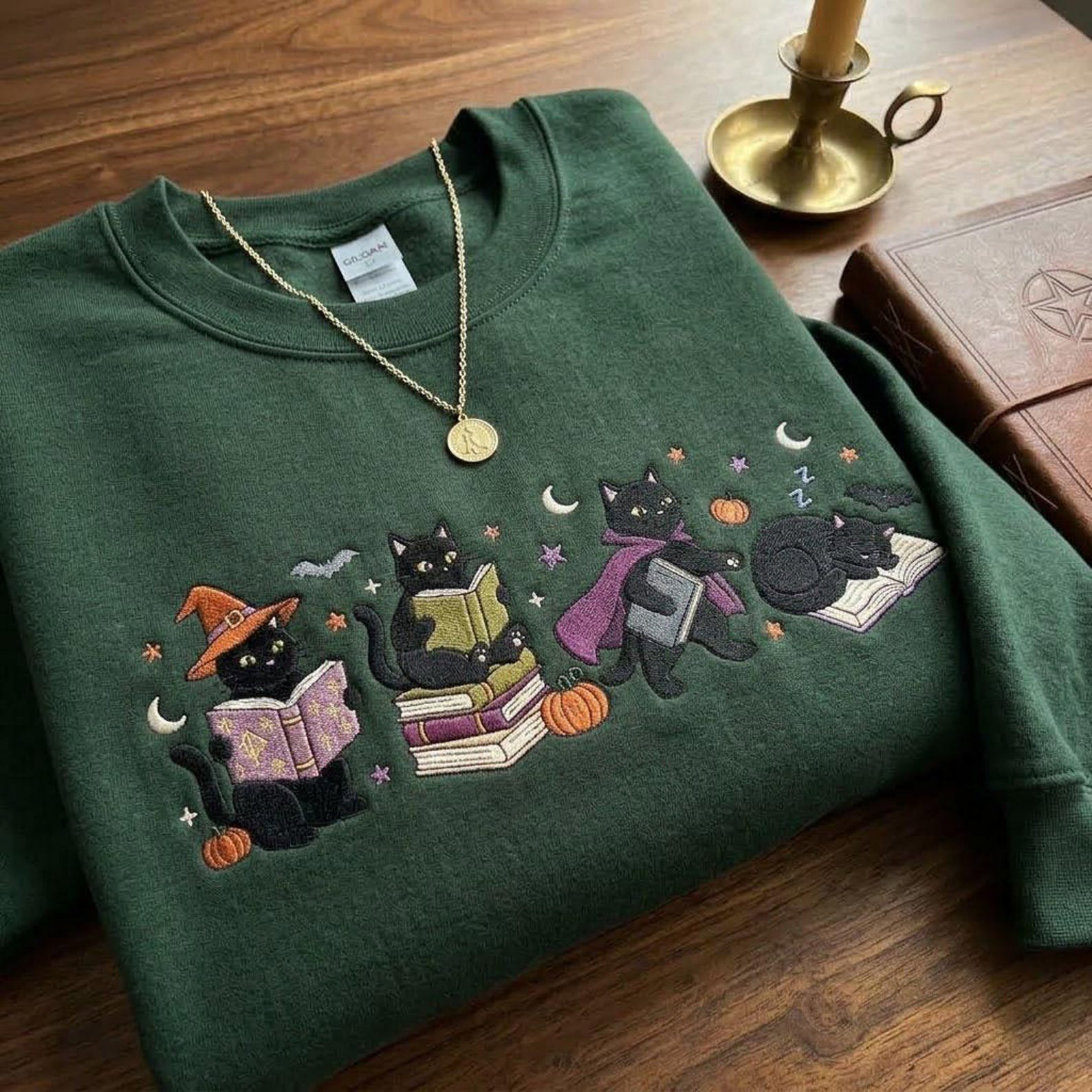 Bookish Black Cat Embroidered Sweatshirt, Halloween Reading Cats Crewneck, Spooky Books Pumpkin Shirt, Cozy Book Lover Gift 2