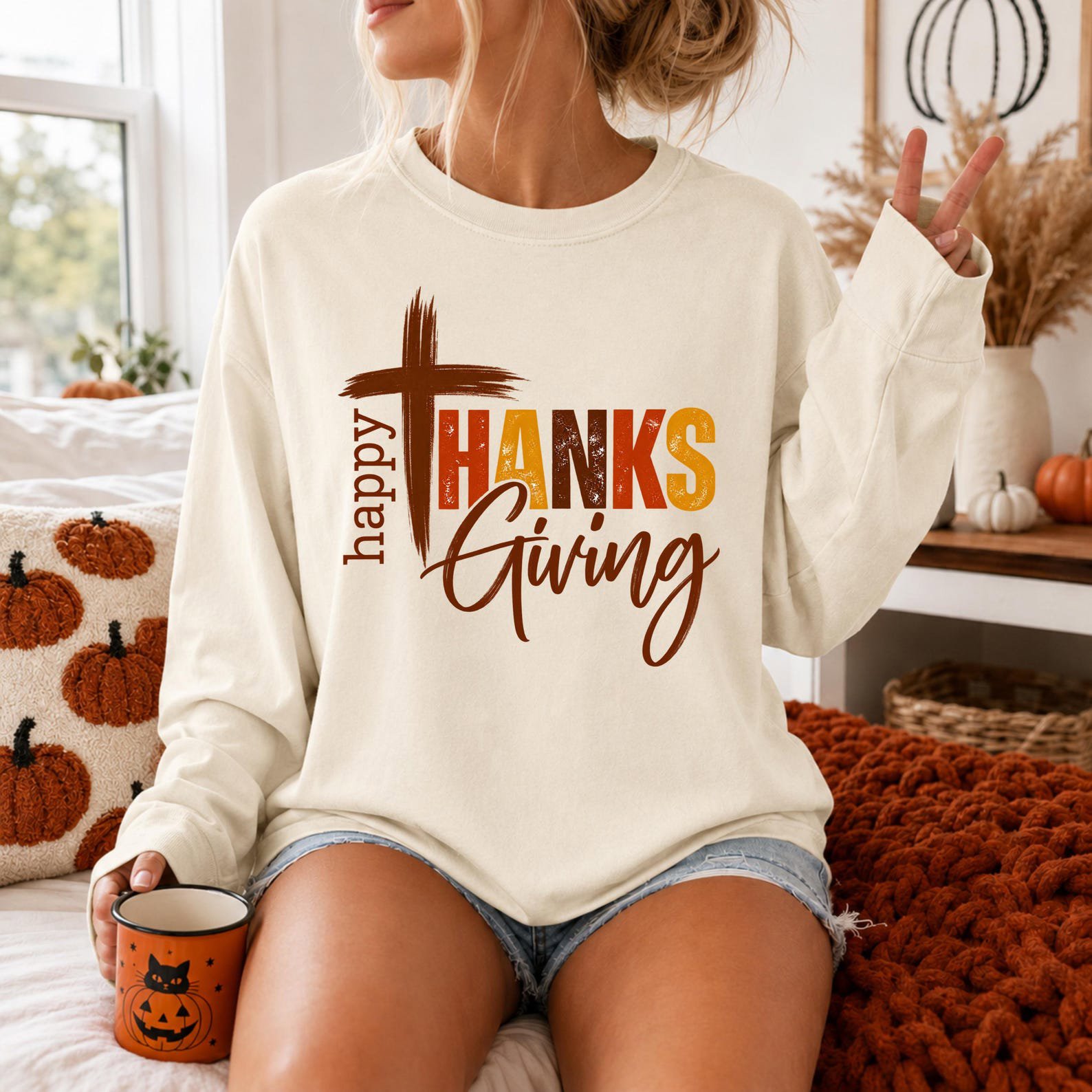 Happy Thanksgiving Cross Shirt, Christian Autumn Faith Sweatshirt, Religious Fall Graphic Tee 3