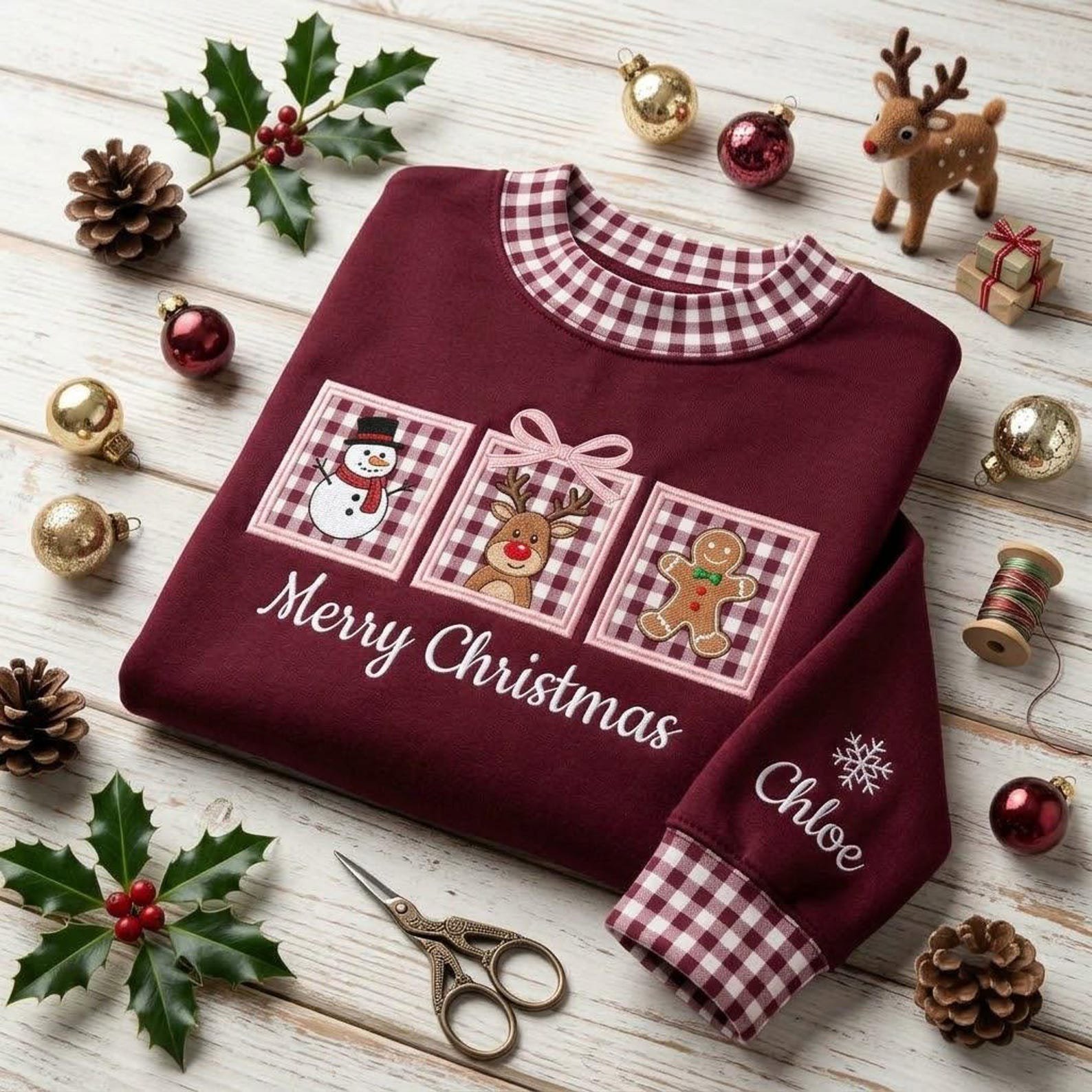 Applique Gingham Christmas Sweatshirt, Gingham Mock Neck Crewneck with Snowman Reindeer Gingerbread, Cute Holiday Embroidered Shirt 3