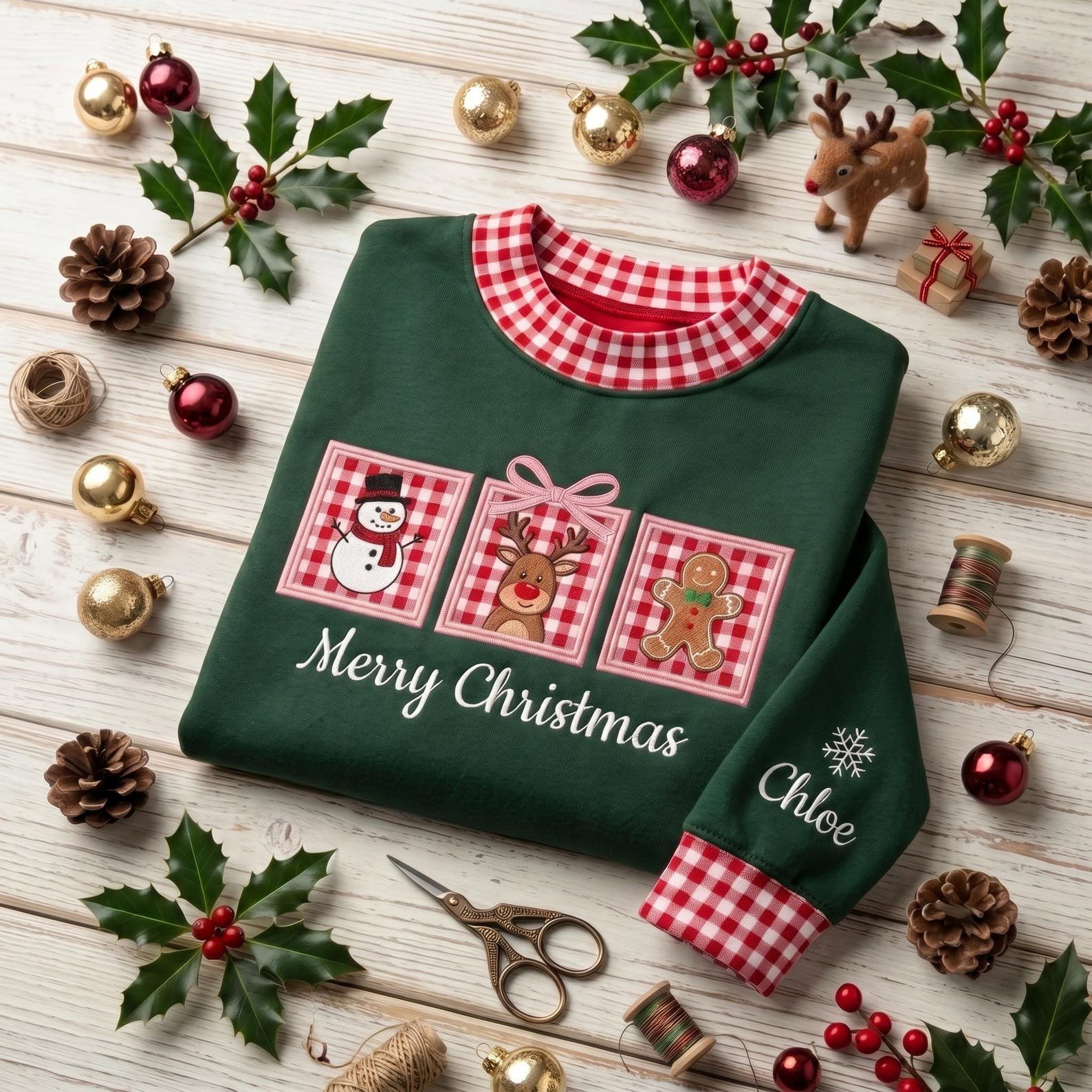 Applique Gingham Christmas Sweatshirt, Gingham Mock Neck Crewneck with Snowman Reindeer Gingerbread, Cute Holiday Embroidered Shirt 1