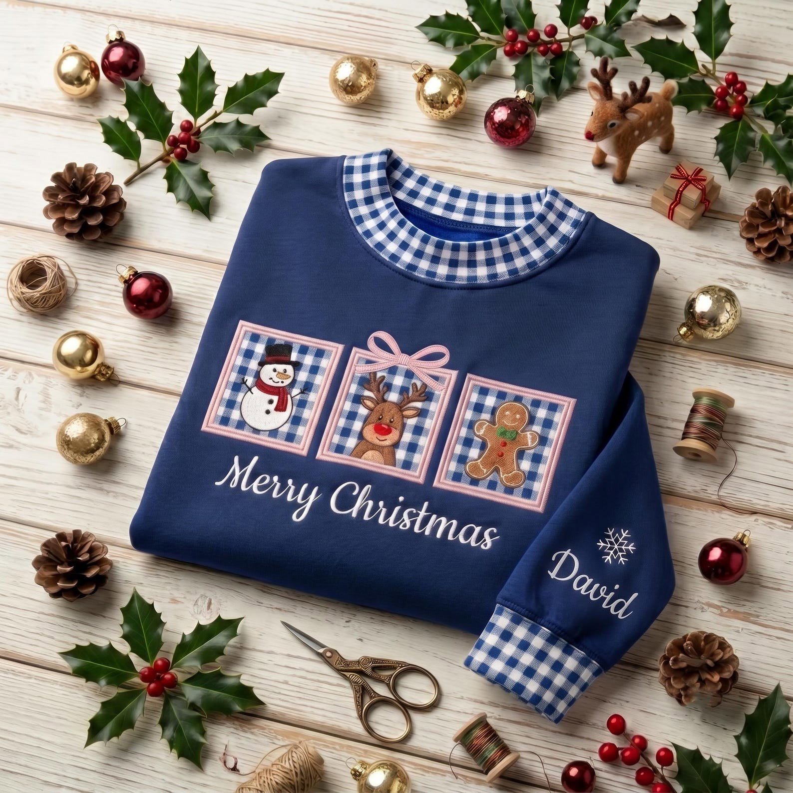 Applique Gingham Christmas Sweatshirt, Gingham Mock Neck Crewneck with Snowman Reindeer Gingerbread, Cute Holiday Embroidered Shirt 4