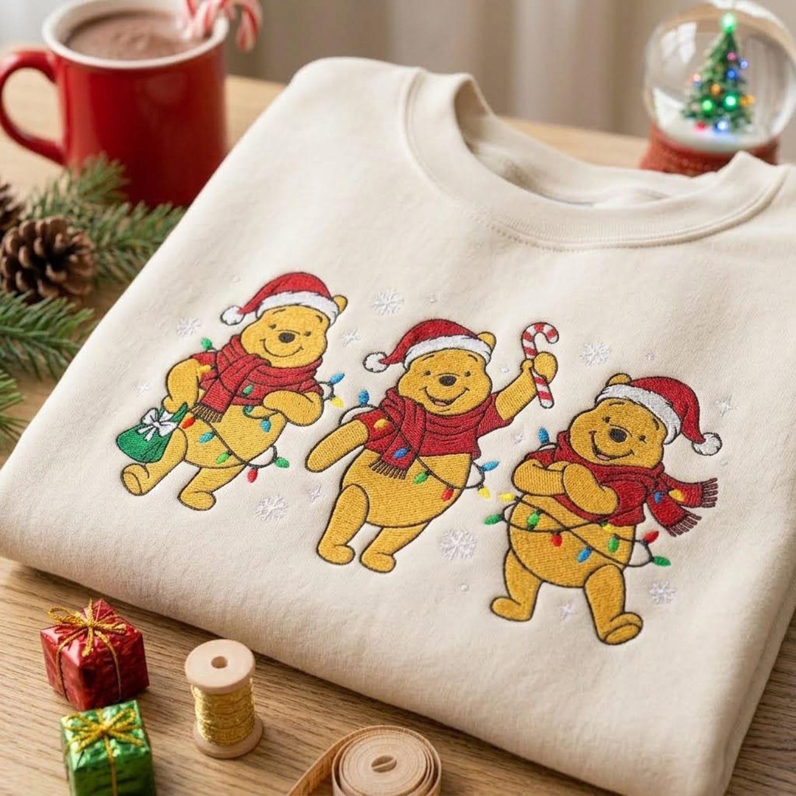 Winnie the Pooh Christmas Embroidered Sweatshirt, Pooh Bear Holiday Crewneck, Festive Christmas Lights Winter Shirt, Cozy Gift 1