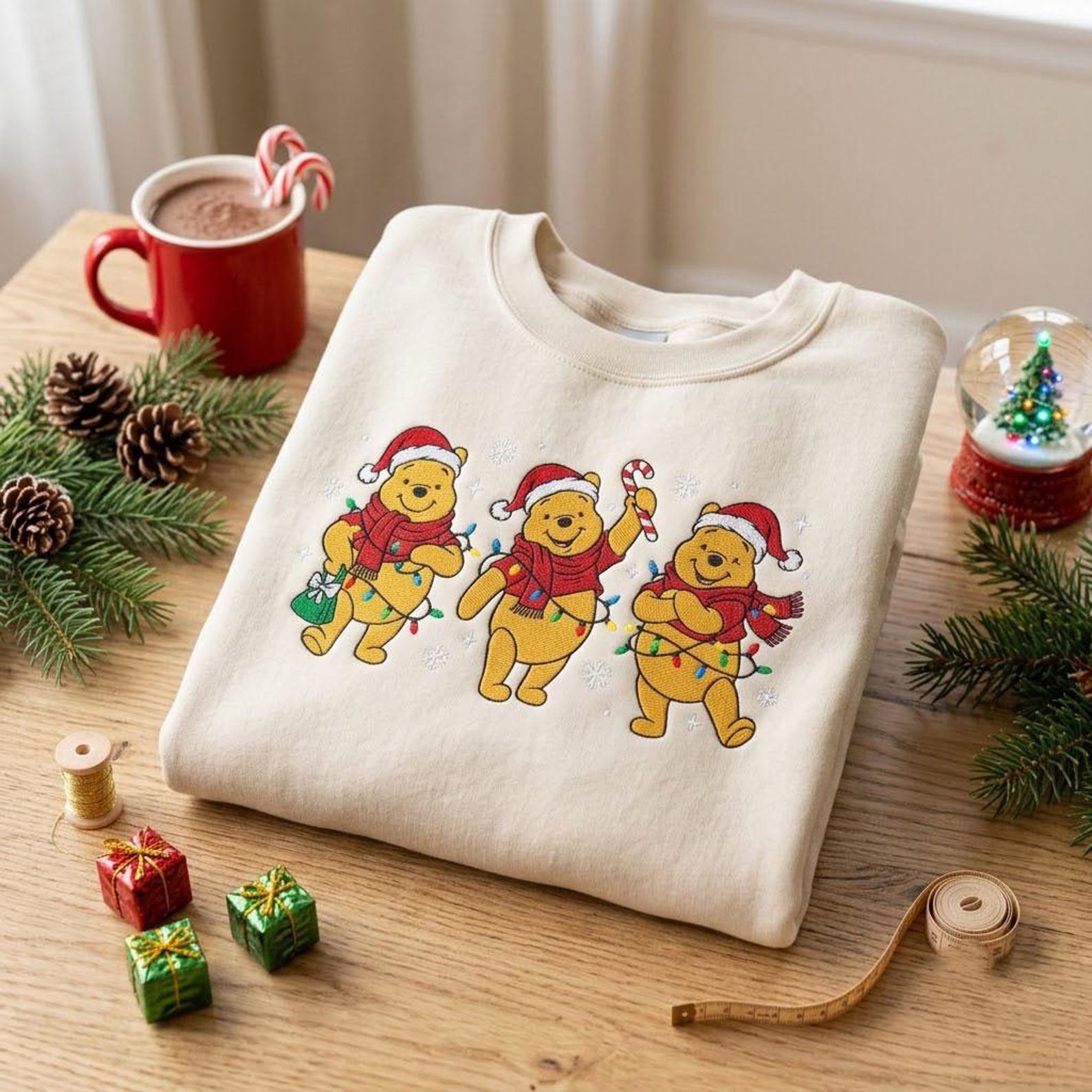 Winnie the Pooh Christmas Embroidered Sweatshirt, Pooh Bear Holiday Crewneck, Festive Christmas Lights Winter Shirt, Cozy Gift 2