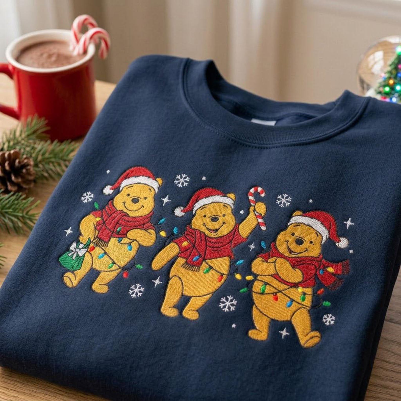 Winnie the Pooh Christmas Embroidered Sweatshirt, Pooh Bear Holiday Crewneck, Festive Christmas Lights Winter Shirt, Cozy Gift 3