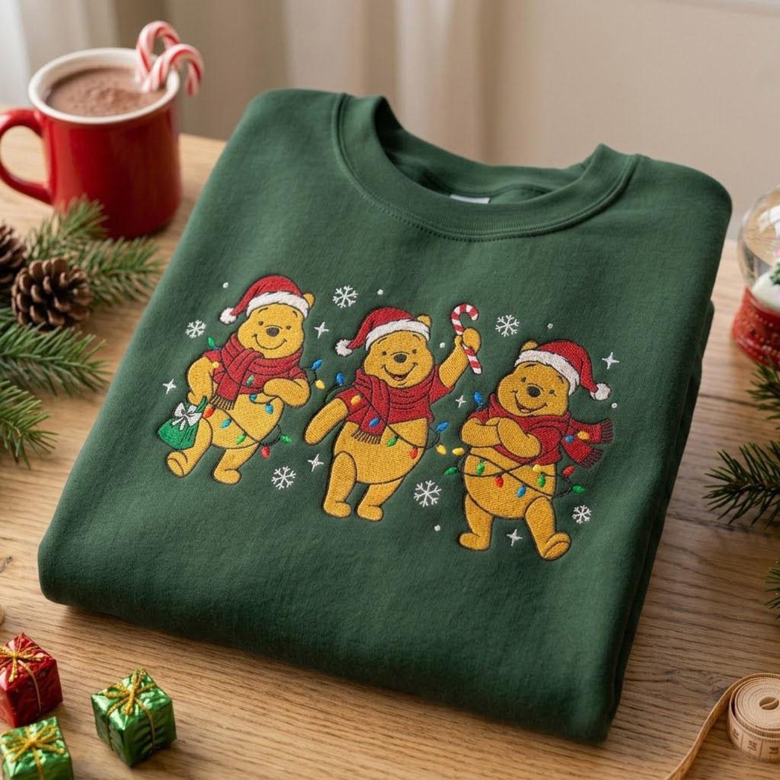 Winnie the Pooh Christmas Embroidered Sweatshirt, Pooh Bear Holiday Crewneck, Festive Christmas Lights Winter Shirt, Cozy Gift 4