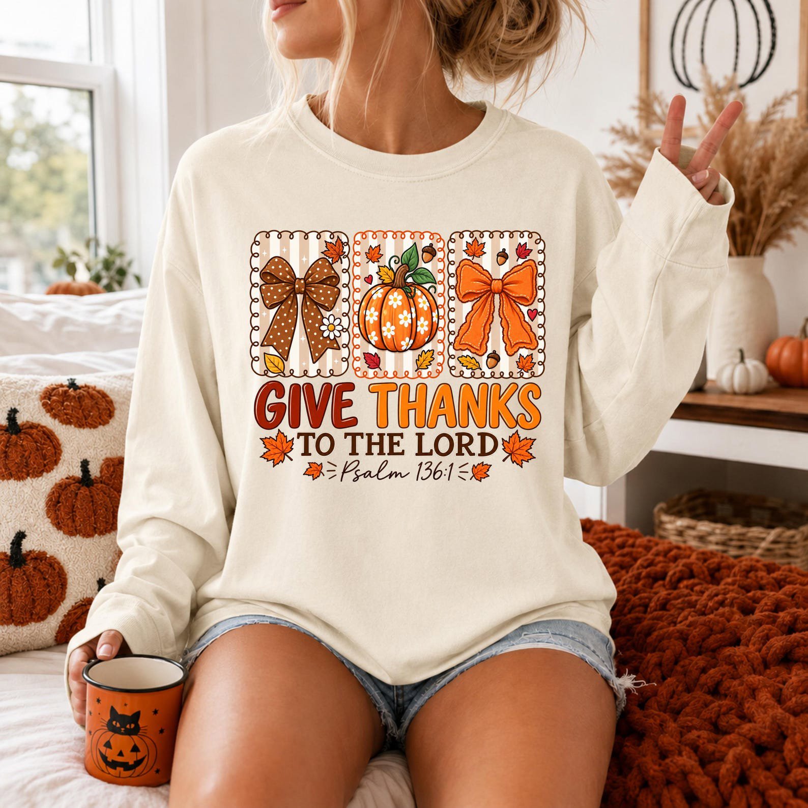 Give Thanks To The Lord Shirt, Christian Autumn Coquette Sweatshirt, Floral Pumpkin Thanksgiving Graphic Tee 3