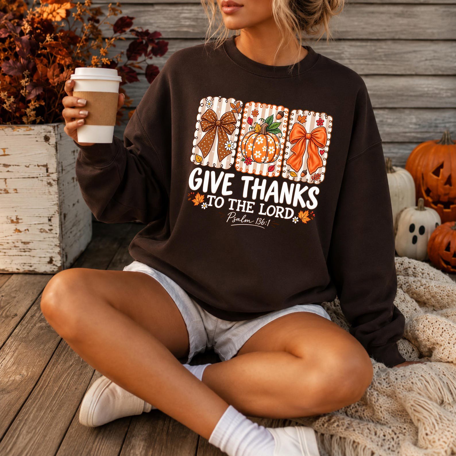 Give Thanks To The Lord Shirt, Christian Autumn Coquette Sweatshirt, Floral Pumpkin Thanksgiving Graphic Tee 2