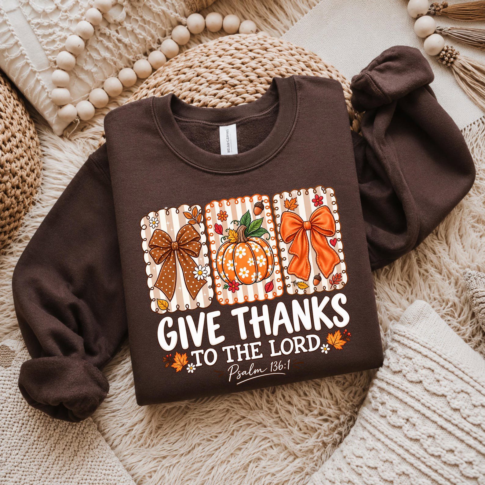 Give Thanks To The Lord Shirt, Christian Autumn Coquette Sweatshirt, Floral Pumpkin Thanksgiving Graphic Tee 1