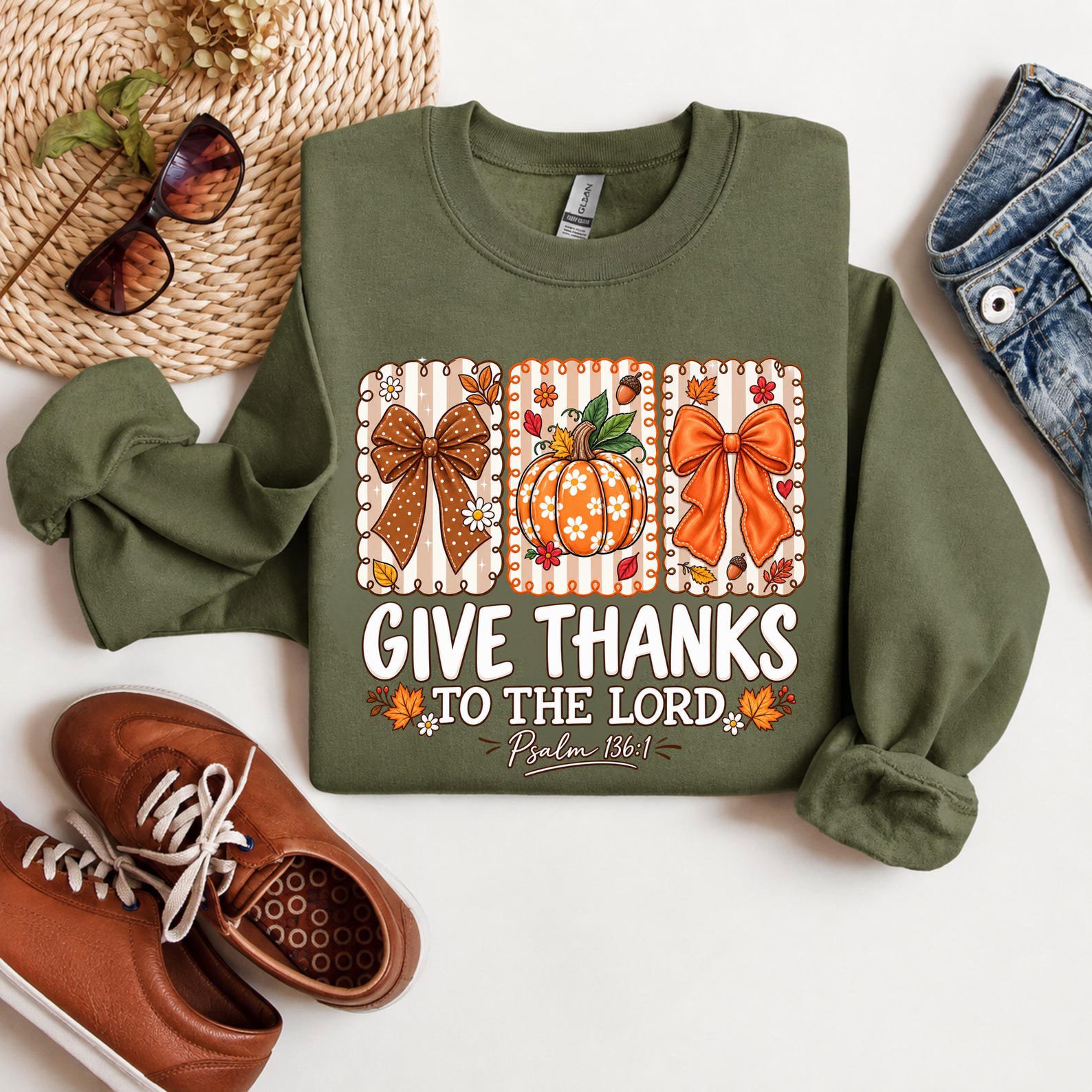 Give Thanks To The Lord Shirt, Christian Autumn Coquette Sweatshirt, Floral Pumpkin Thanksgiving Graphic Tee 5