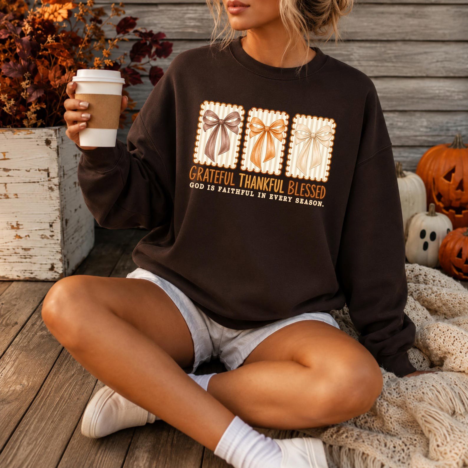 Grateful Thankful Blessed Bow Shirt, Christian Autumn Coquette Sweatshirt, Fall Thanksgiving Graphic Tee 2