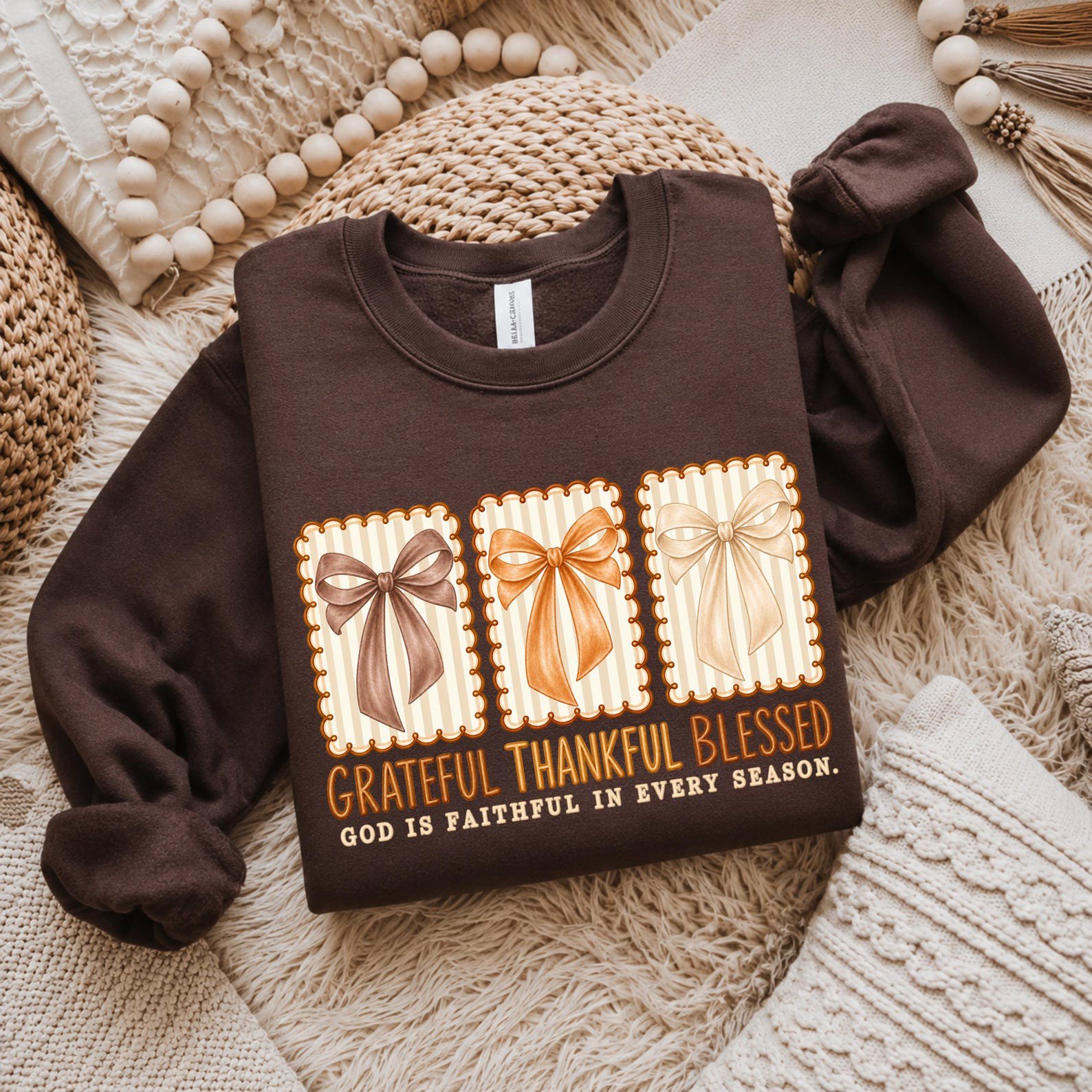 Grateful Thankful Blessed Bow Shirt, Christian Autumn Coquette Sweatshirt, Fall Thanksgiving Graphic Tee 1