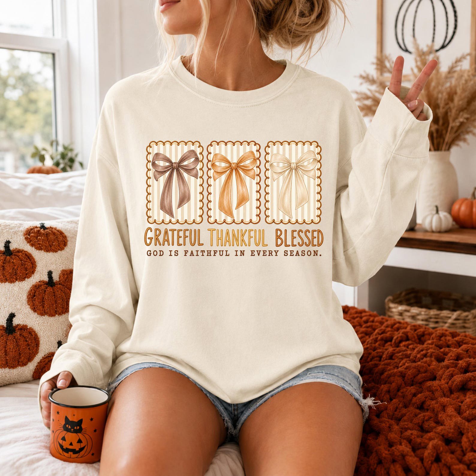Grateful Thankful Blessed Bow Shirt, Christian Autumn Coquette Sweatshirt, Fall Thanksgiving Graphic Tee 3