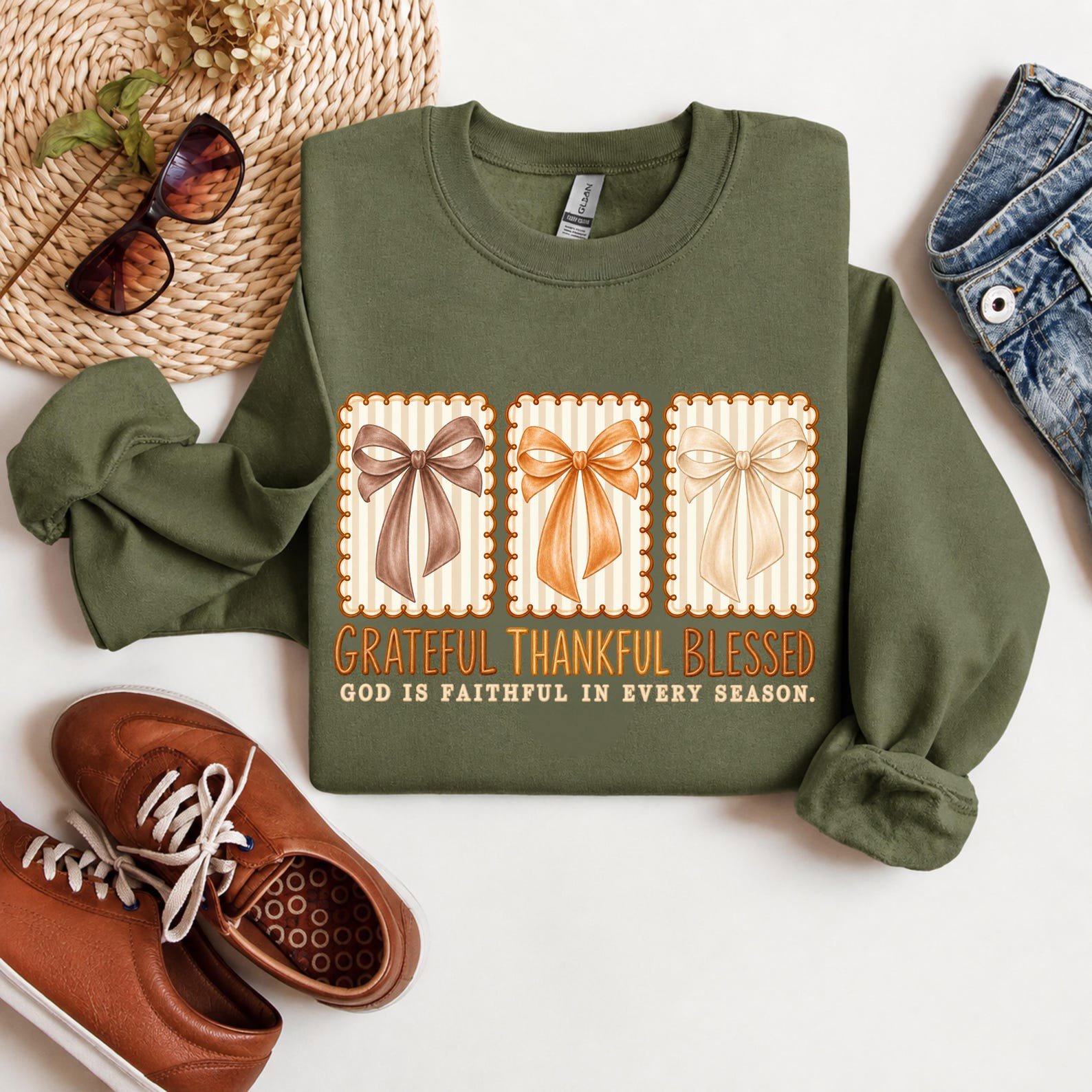 Grateful Thankful Blessed Bow Shirt, Christian Autumn Coquette Sweatshirt, Fall Thanksgiving Graphic Tee 5