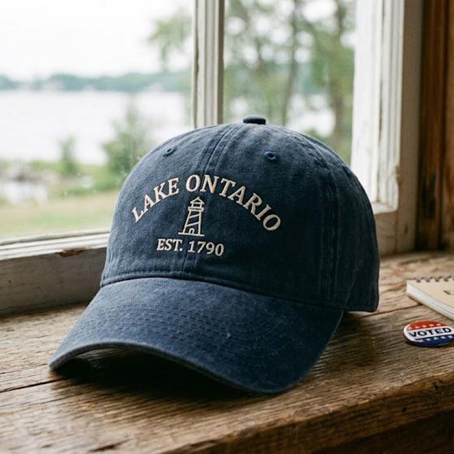 Lake Ontario Lighthouse Embroidered Washed Hat, Great Lakes Dad Hat, Nautical Lake Cap, New York Lake Life Gift, Boating Hat 1