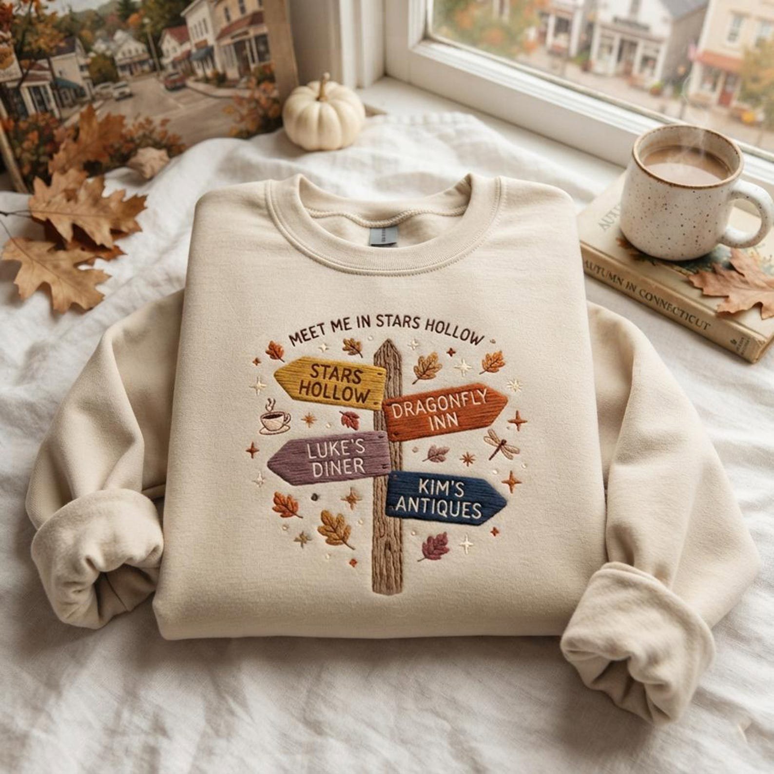 Embroidered Stars Hollow Connecticut Sweatshirt, 90s Movie Inspired Crewneck, Luke's Diner Fall Shirt, Dragonfly Inn Cozy TV Fan Gift 2
