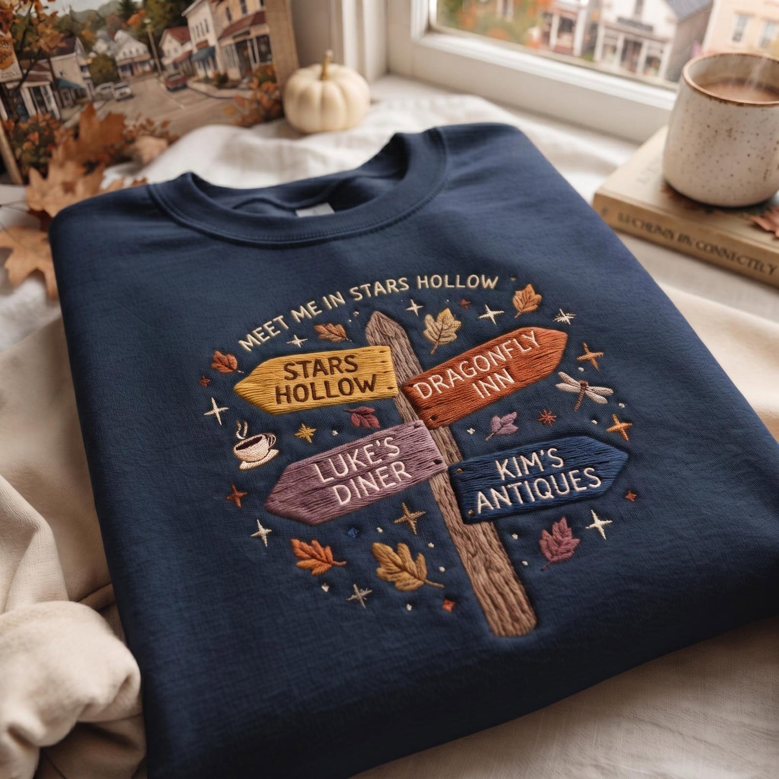 Embroidered Stars Hollow Connecticut Sweatshirt, 90s Movie Inspired Crewneck, Luke's Diner Fall Shirt, Dragonfly Inn Cozy TV Fan Gift 3