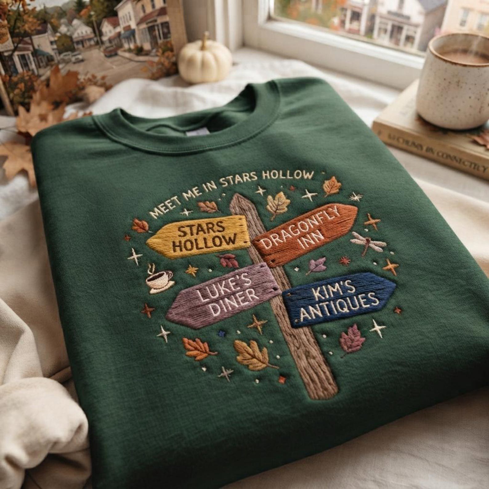 Embroidered Stars Hollow Connecticut Sweatshirt, 90s Movie Inspired Crewneck, Luke's Diner Fall Shirt, Dragonfly Inn Cozy TV Fan Gift 1